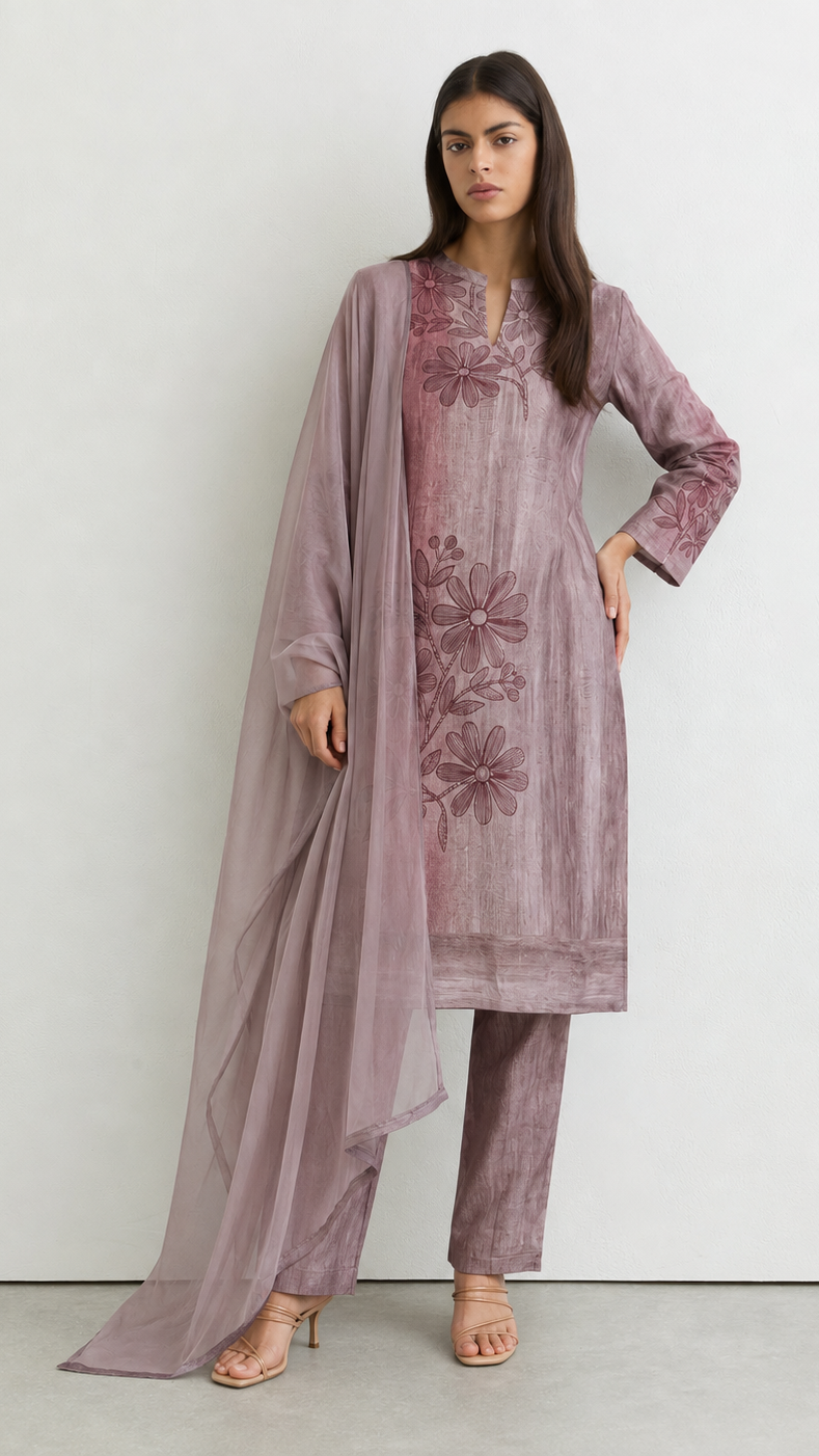 Young woman wearing a mauve and dusty rose floral print kurta set with matching trousers and a sheer coordinating dupatta.