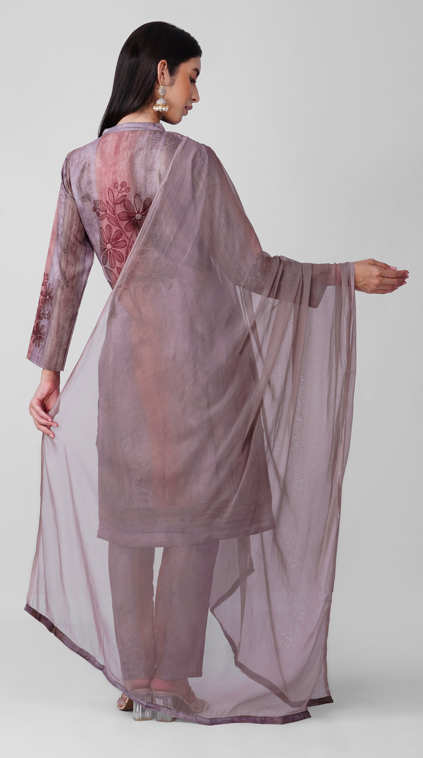 Grey-Rust Printed Rayon Suit Set with Chiffon Dupatta