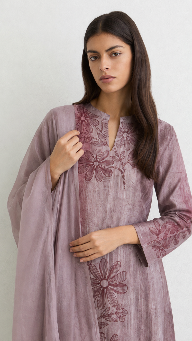 Grey-Rust Printed Rayon Suit Set with Chiffon Dupatta