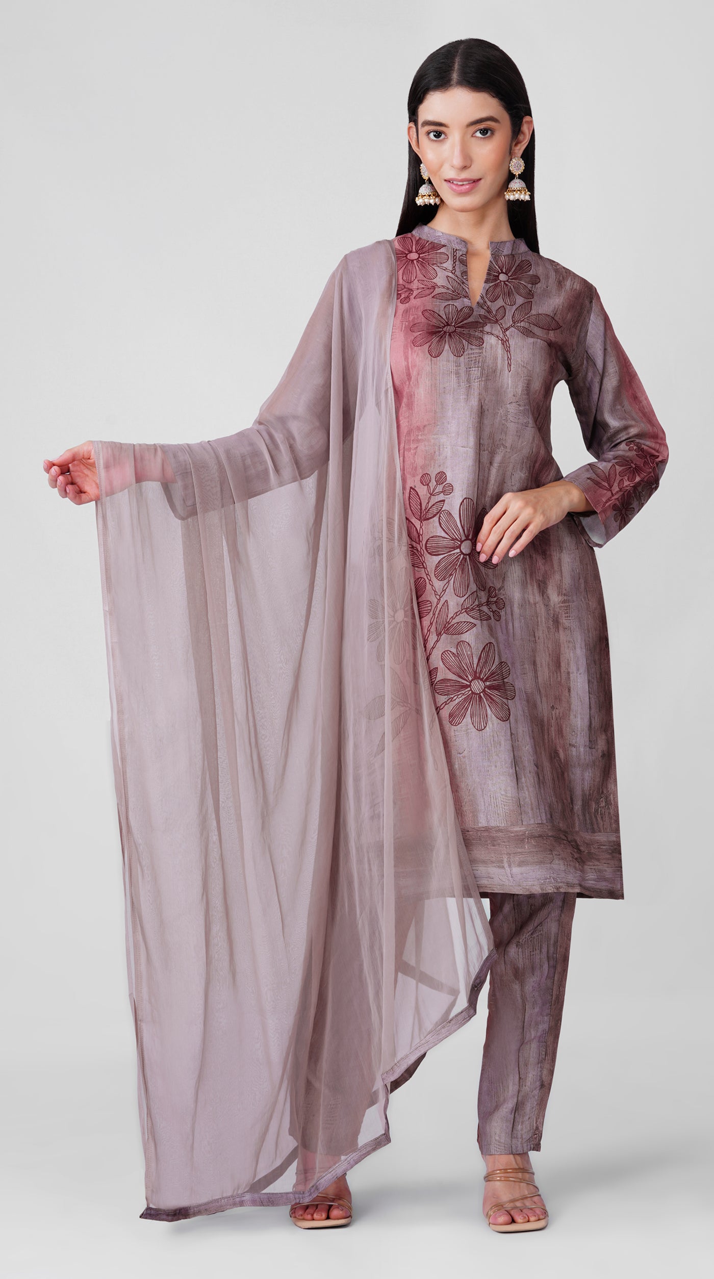 Grey-Rust Printed Rayon Suit Set with Chiffon Dupatta