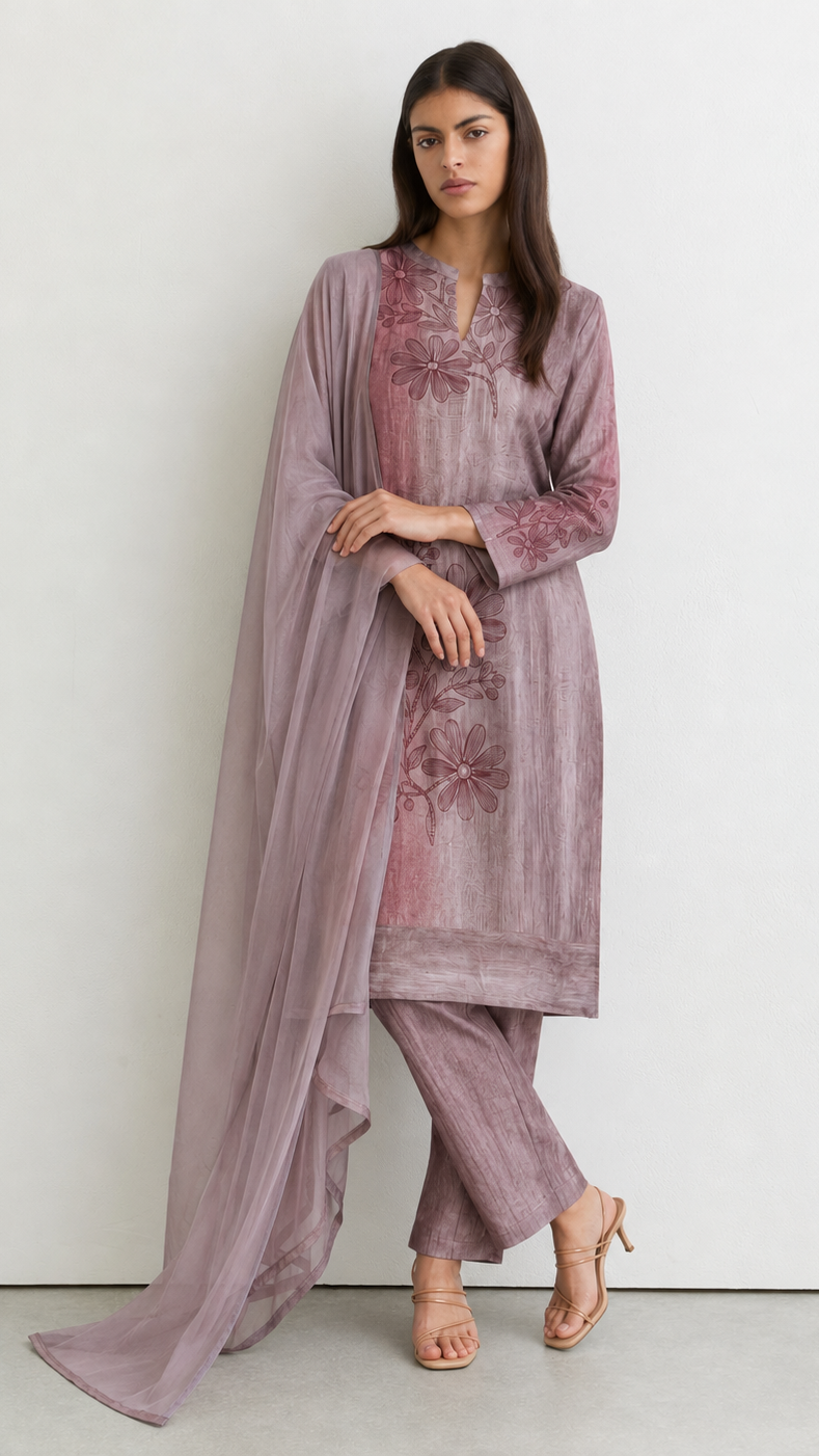 Young woman wearing a mauve and dusty rose floral print kurta set with matching trousers and a sheer coordinating dupatta.