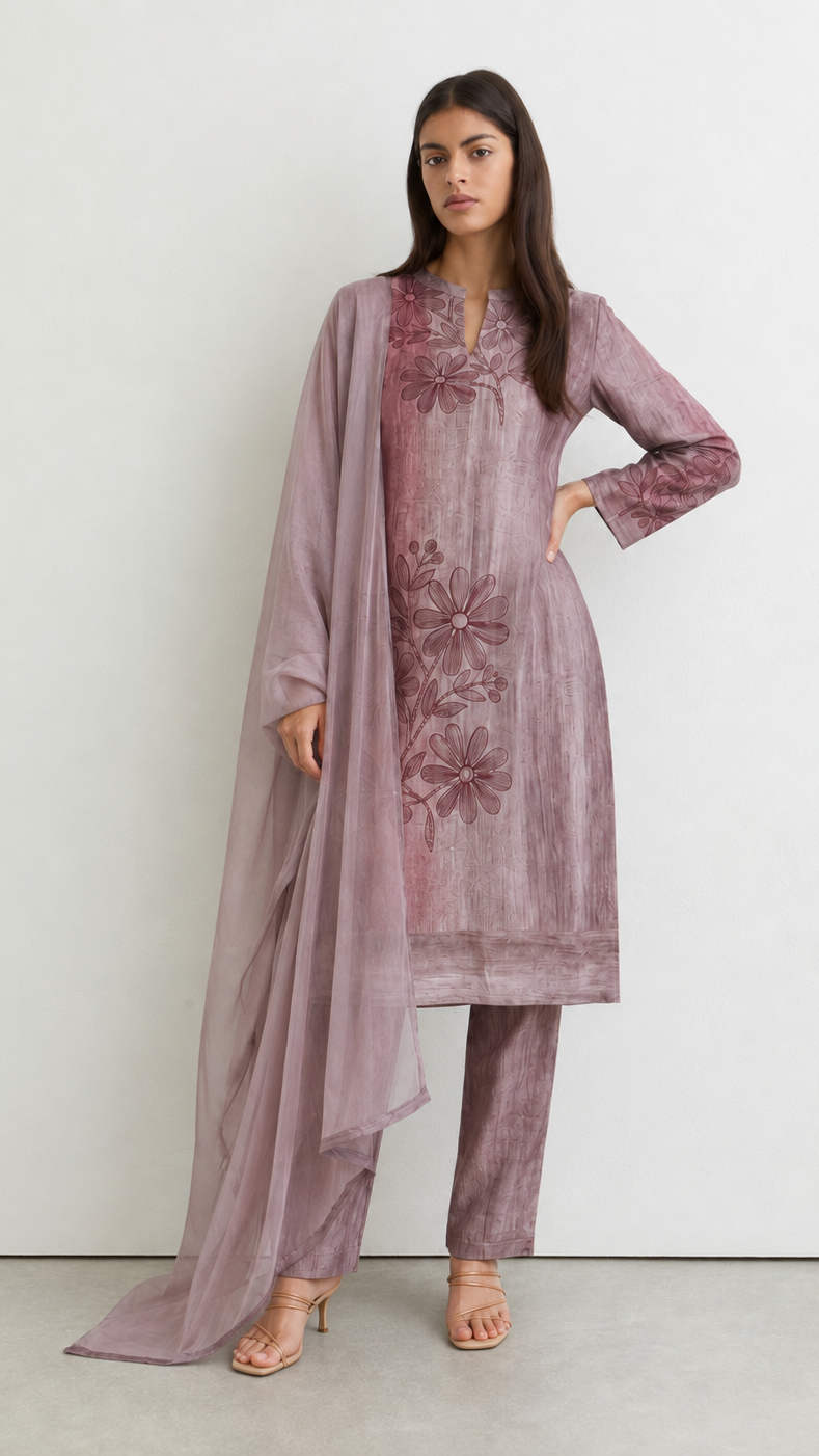 Grey-Rust Printed Rayon Suit Set with Chiffon Dupatta
