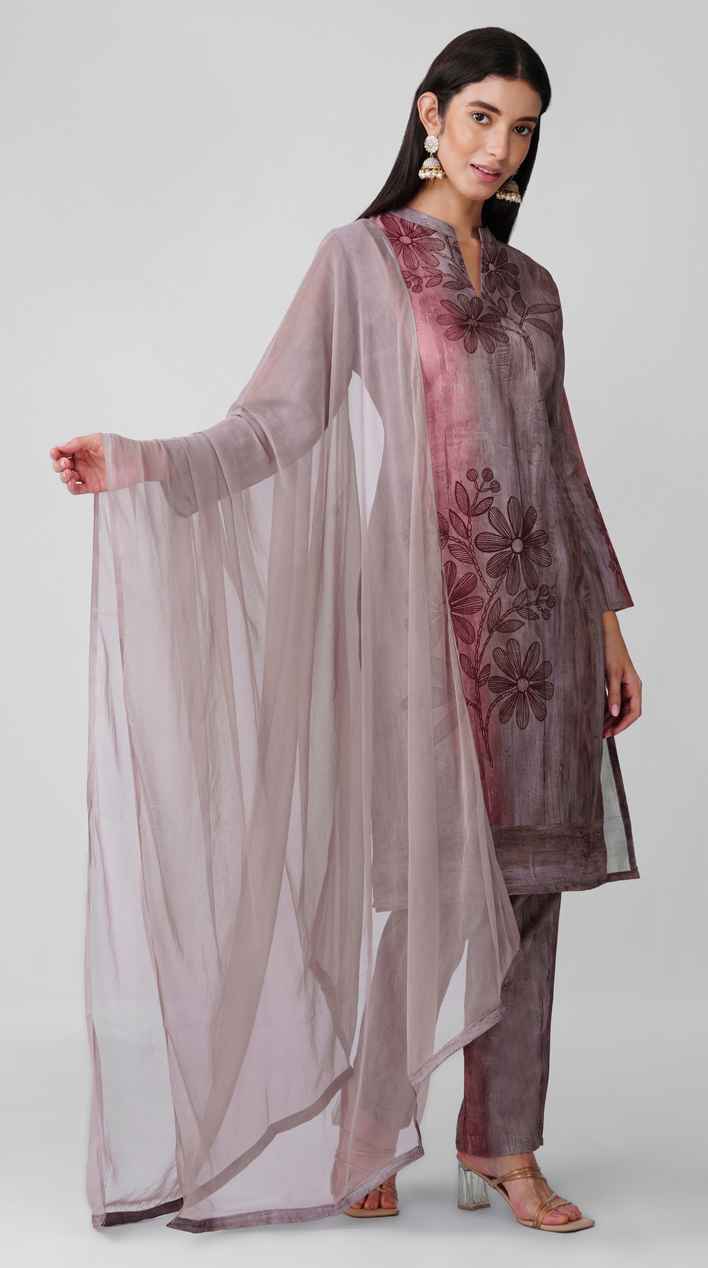 Grey-Rust Printed Rayon Suit Set with Chiffon Dupatta