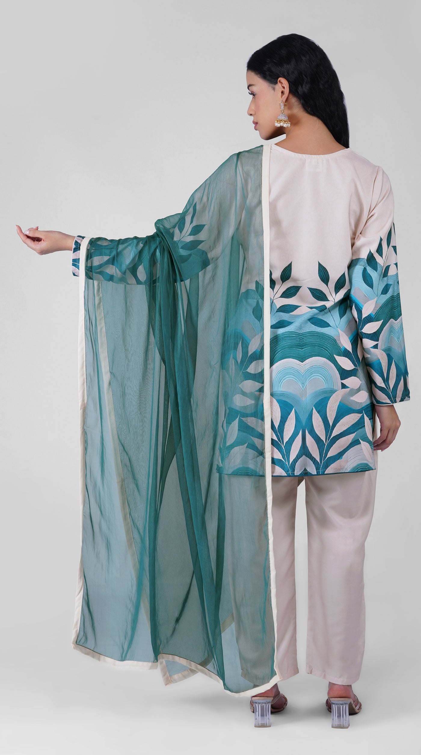 Full-length off white printed suit with matching trousers