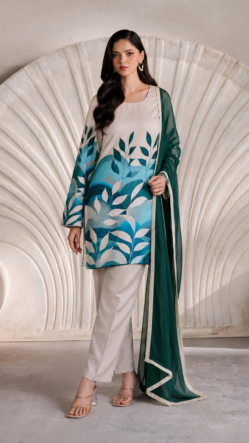 Buy cream Pakistani salwar kameez with teal botanical print, straight trousers and matching sheer teal dupatta for women online at Diya Online