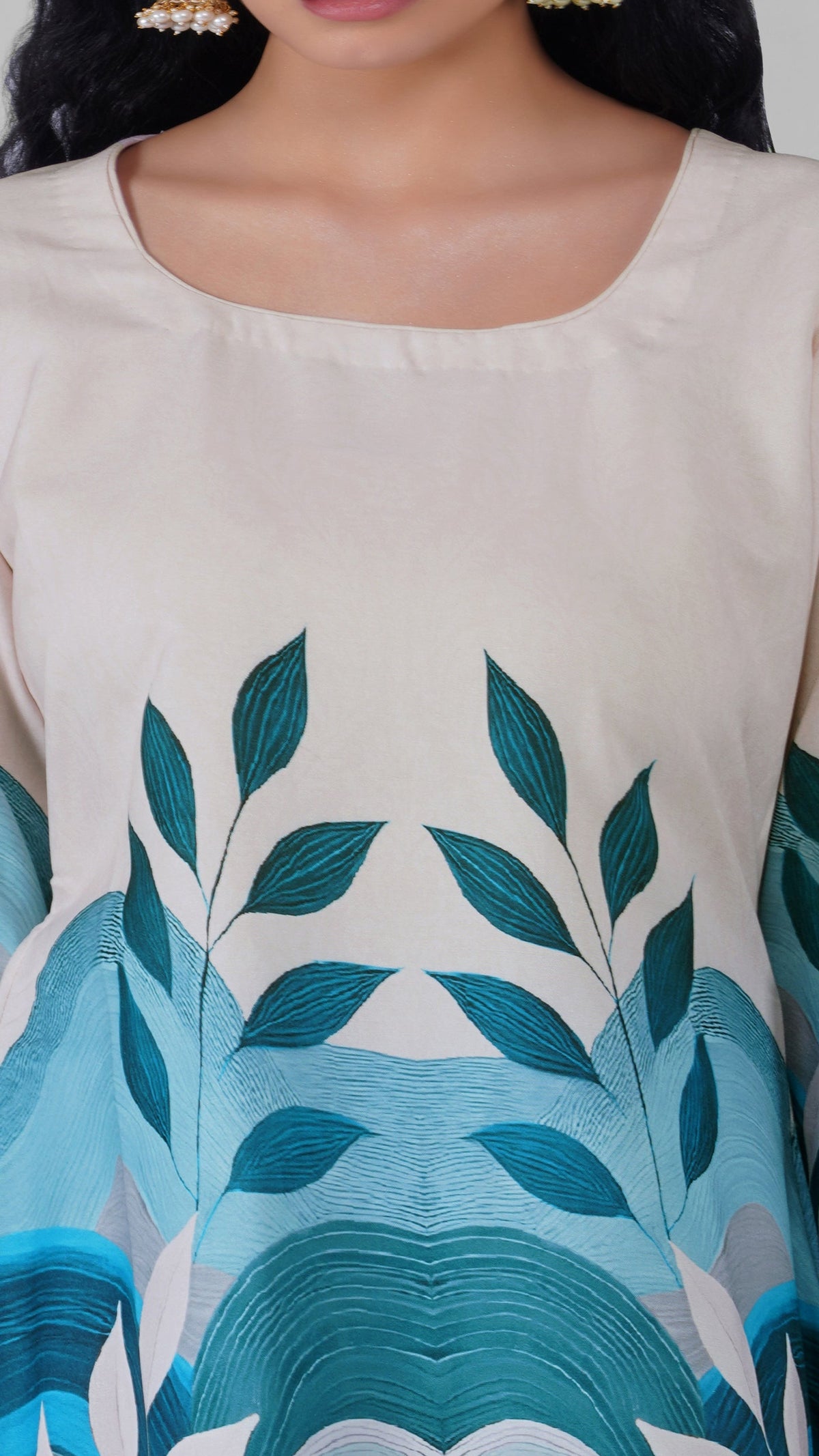 Buy cream Pakistani salwar kameez with teal botanical print, straight trousers and matching sheer teal dupatta for women online at Diya Online