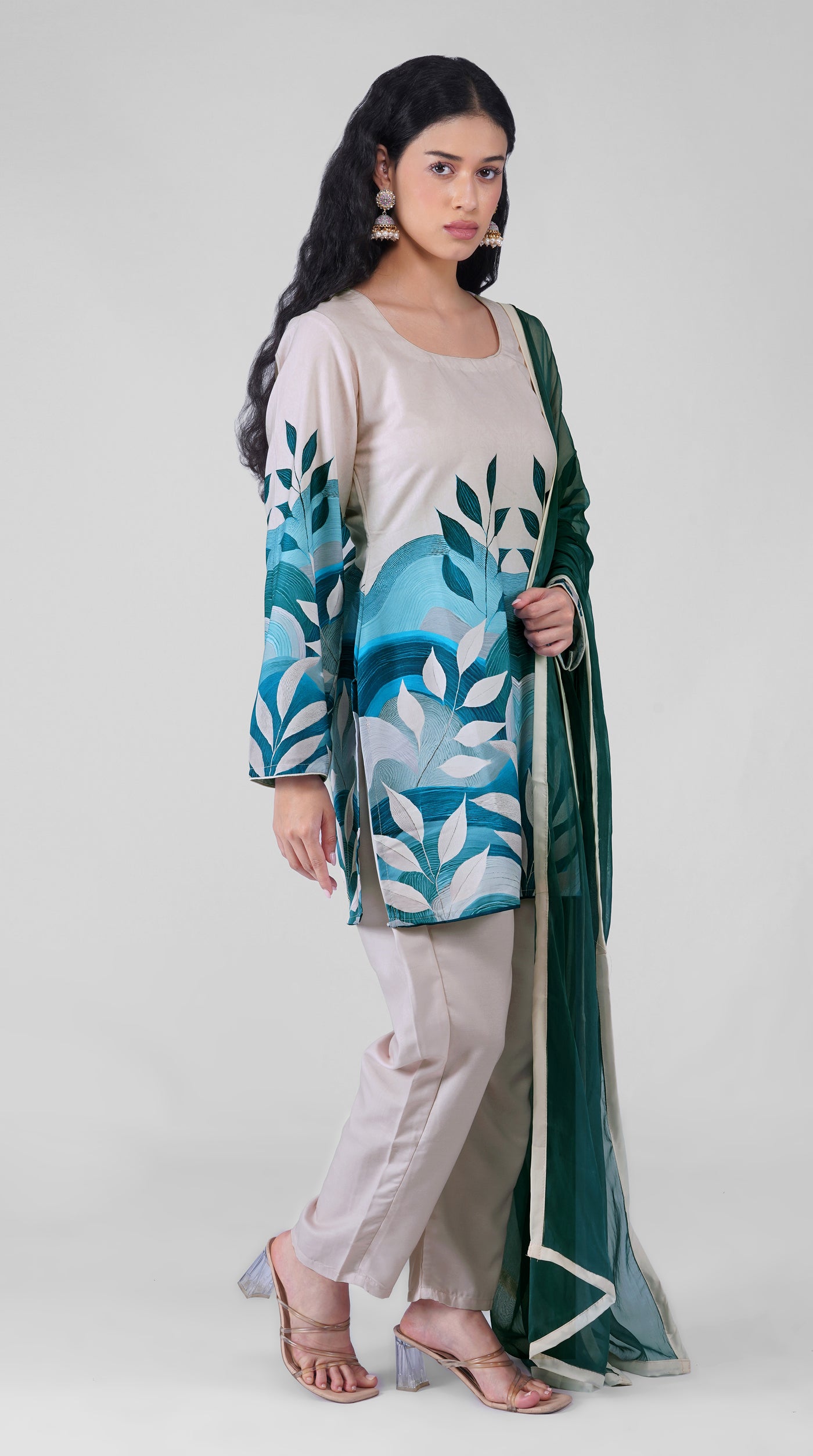 Off white rayon kurta with blue leaf placement print