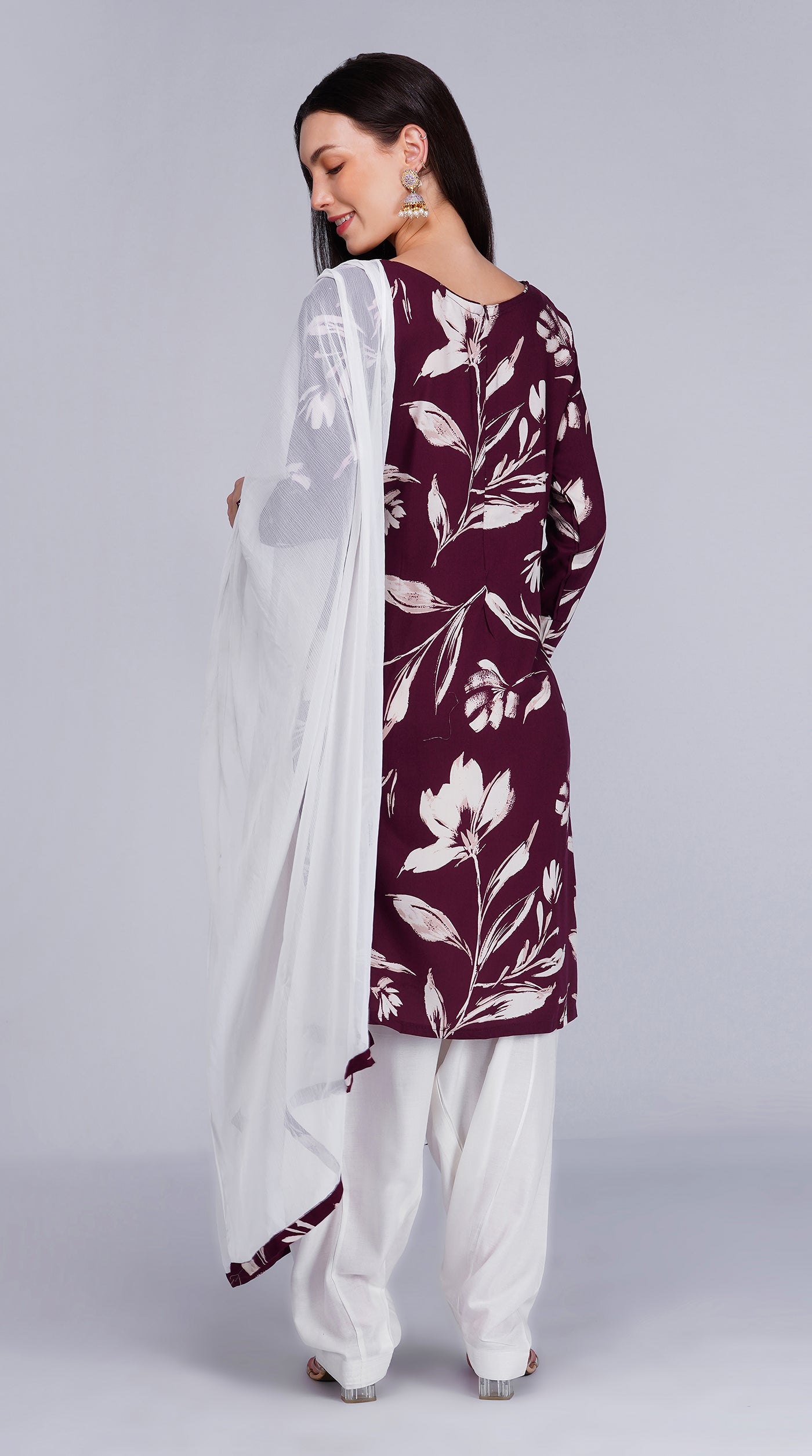 Purple Rayon Straight Cut Salwar Suit Set with White Chiffon Dupatta