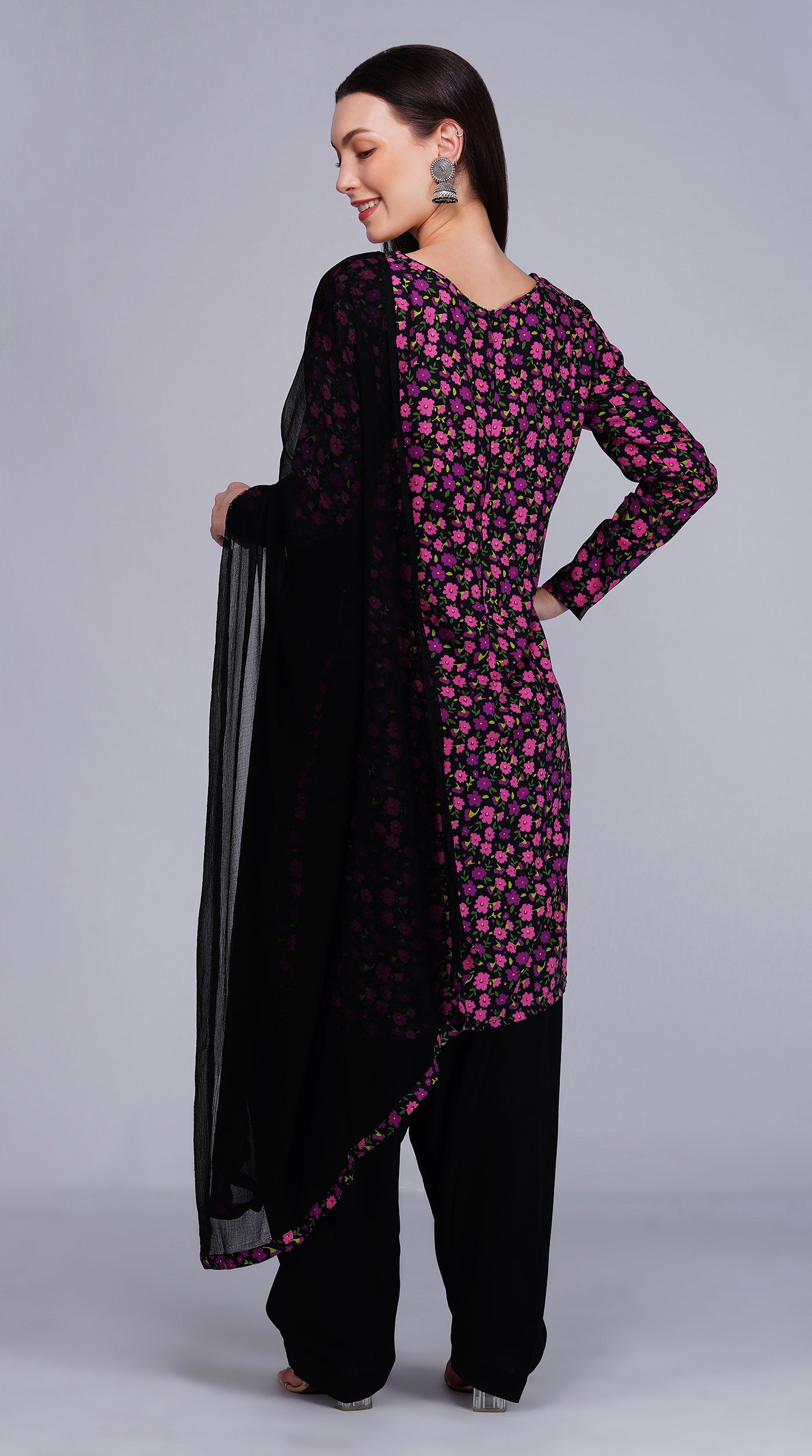Black Rayon Straight Cut Salwar Suit Set with Pink Chiffon Dupatta