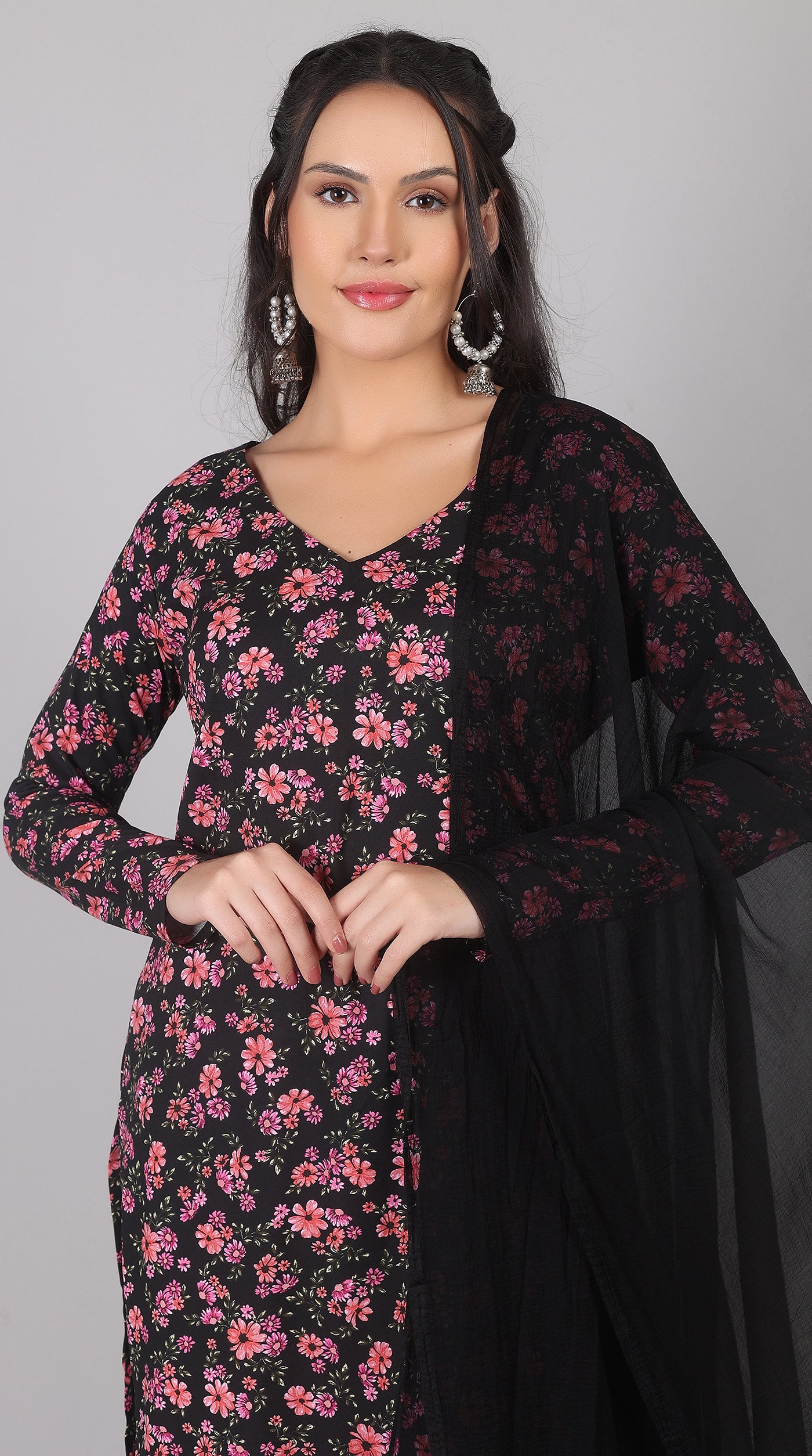 Black Rayon Straight Cut Kurta Salwar Set with Chiffon Dupatta