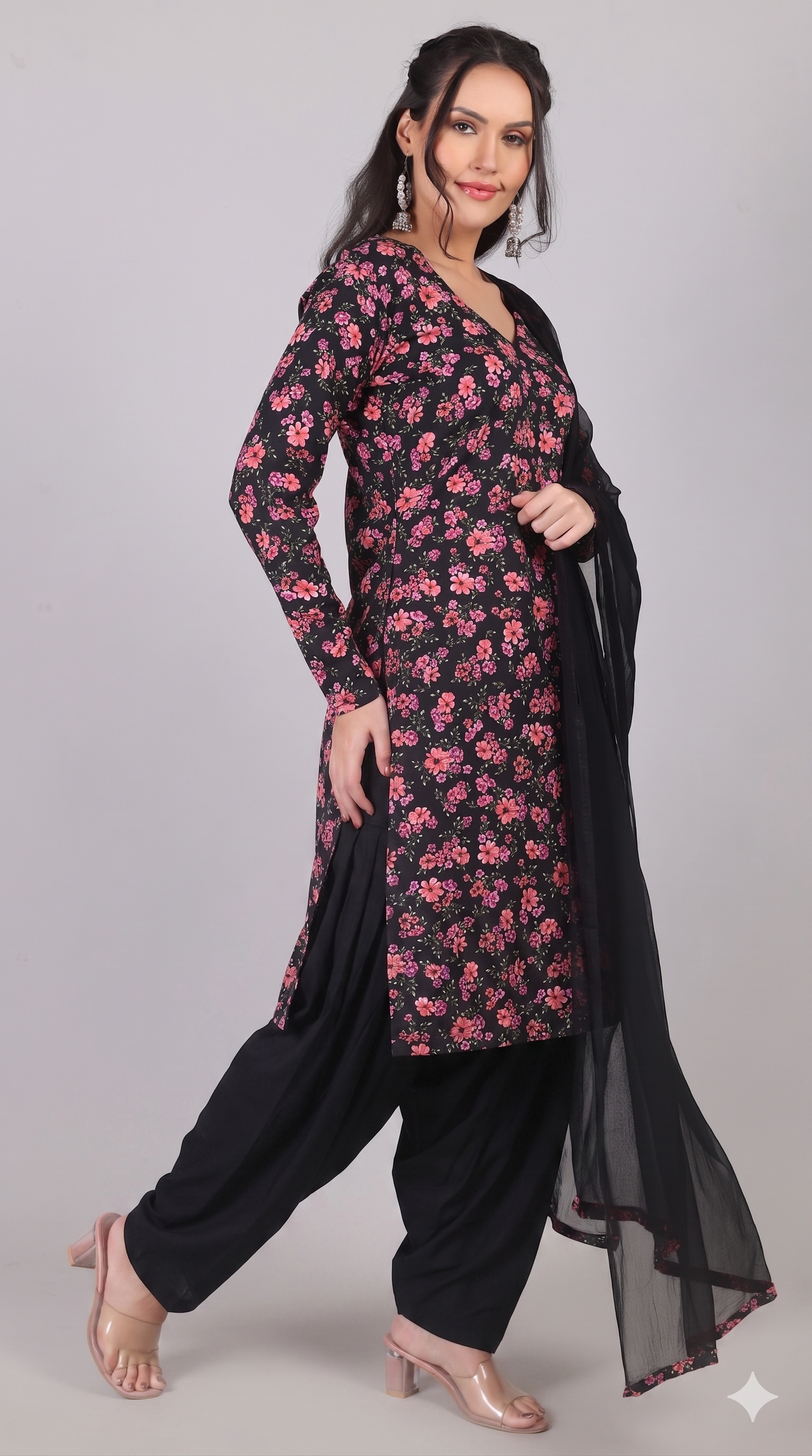 Black Rayon Straight Cut Kurta Salwar Set with Chiffon Dupatta