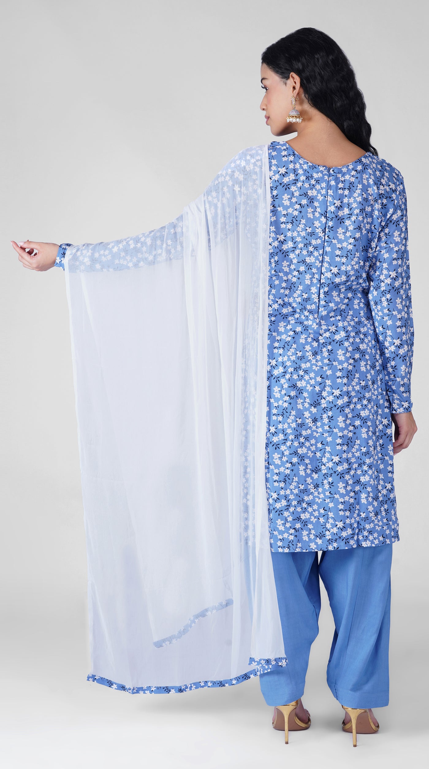 Full-length blue floral print ethnic suit set