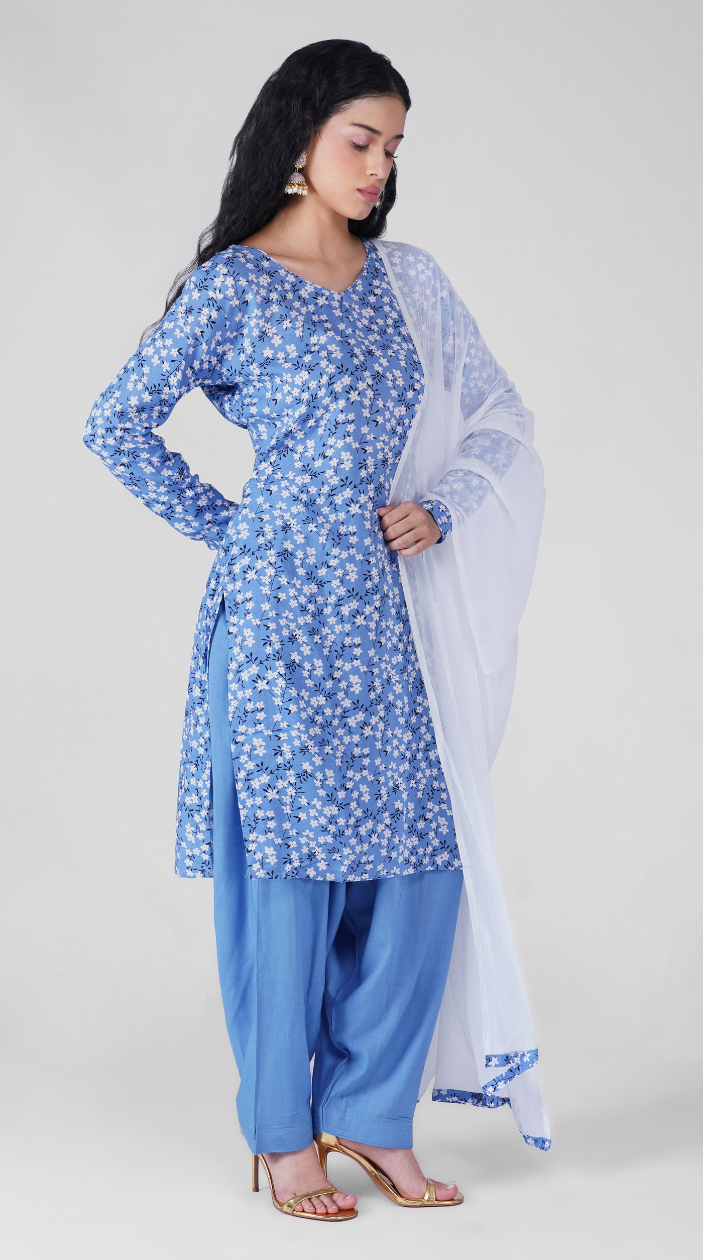 Blue floral print rayon kurta with matching salwar