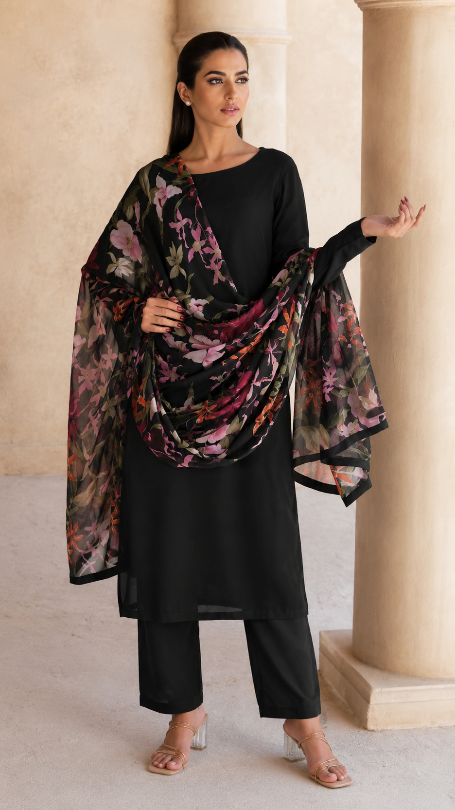 Black salwar kameez suit with matching trousers and sheer multicolour floral printed dupatta