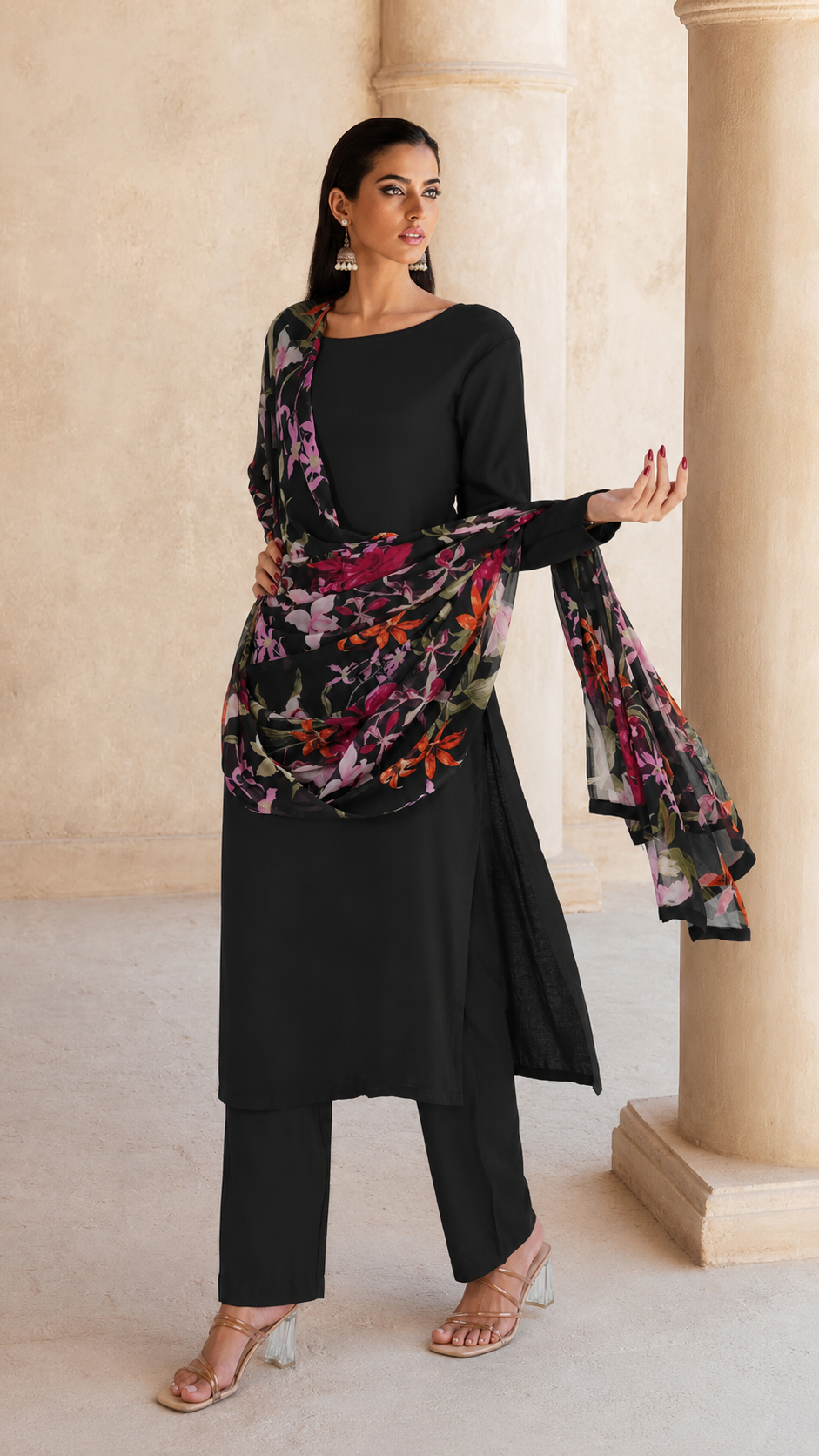 Black salwar kameez suit with matching trousers and sheer multicolour floral printed dupatta
