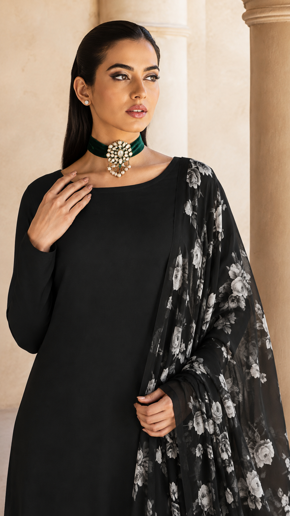 Black salwar kameez suit with wide-leg trousers and sheer black and white floral printed dupatta