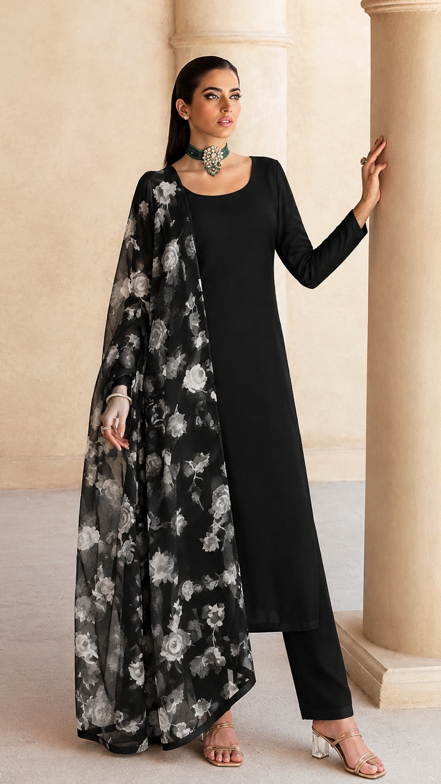 Black salwar kameez suit with wide-leg trousers and sheer black and white floral printed dupatta