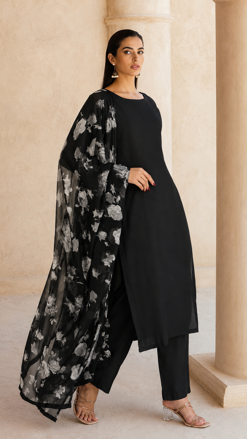 Black salwar kameez suit with wide-leg trousers and sheer black and white floral printed dupatta