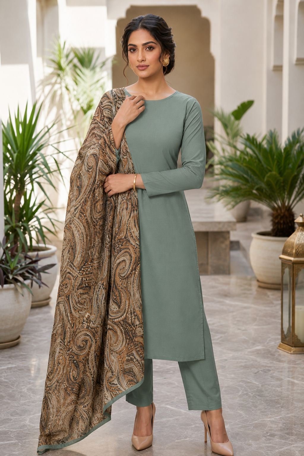 Smart Sage Green Rayon Suit with Printed Lurex Dupatta