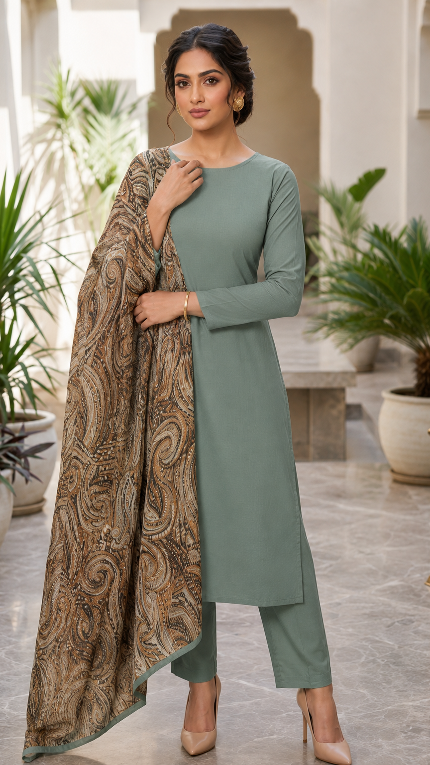 Smart Sage Green Rayon Suit with Printed Lurex Dupatta