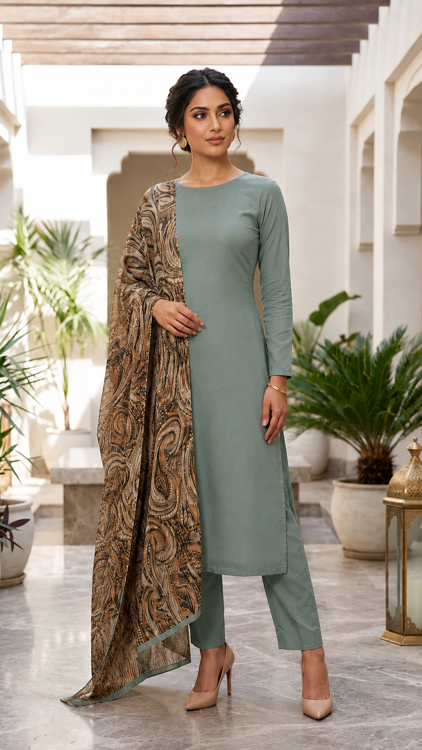Smart Sage Green Rayon Suit with Printed Lurex Dupatta