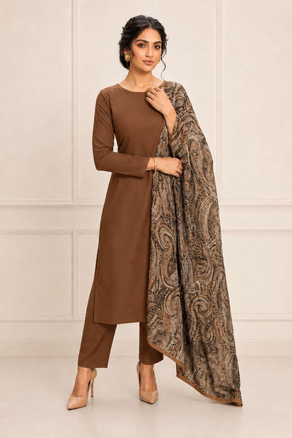 A woman models a brown long-sleeve kurta with matching pants and a patterned dupatta draped over her shoulder, set against a light beige paneled wall.