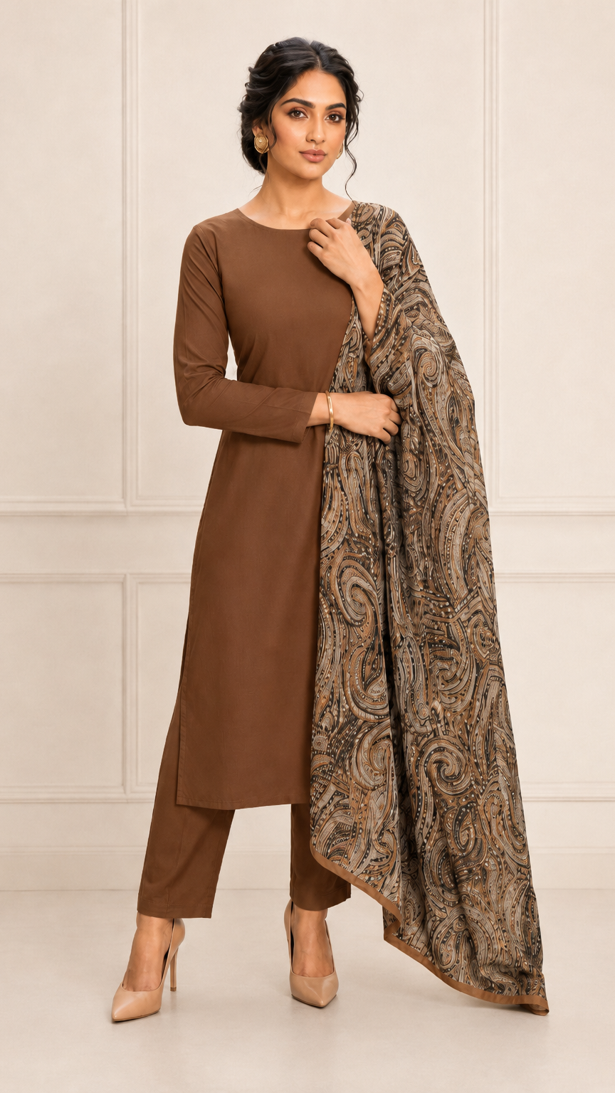 A woman models a brown long-sleeve kurta with matching pants and a patterned dupatta draped over her shoulder, set against a light beige paneled wall.