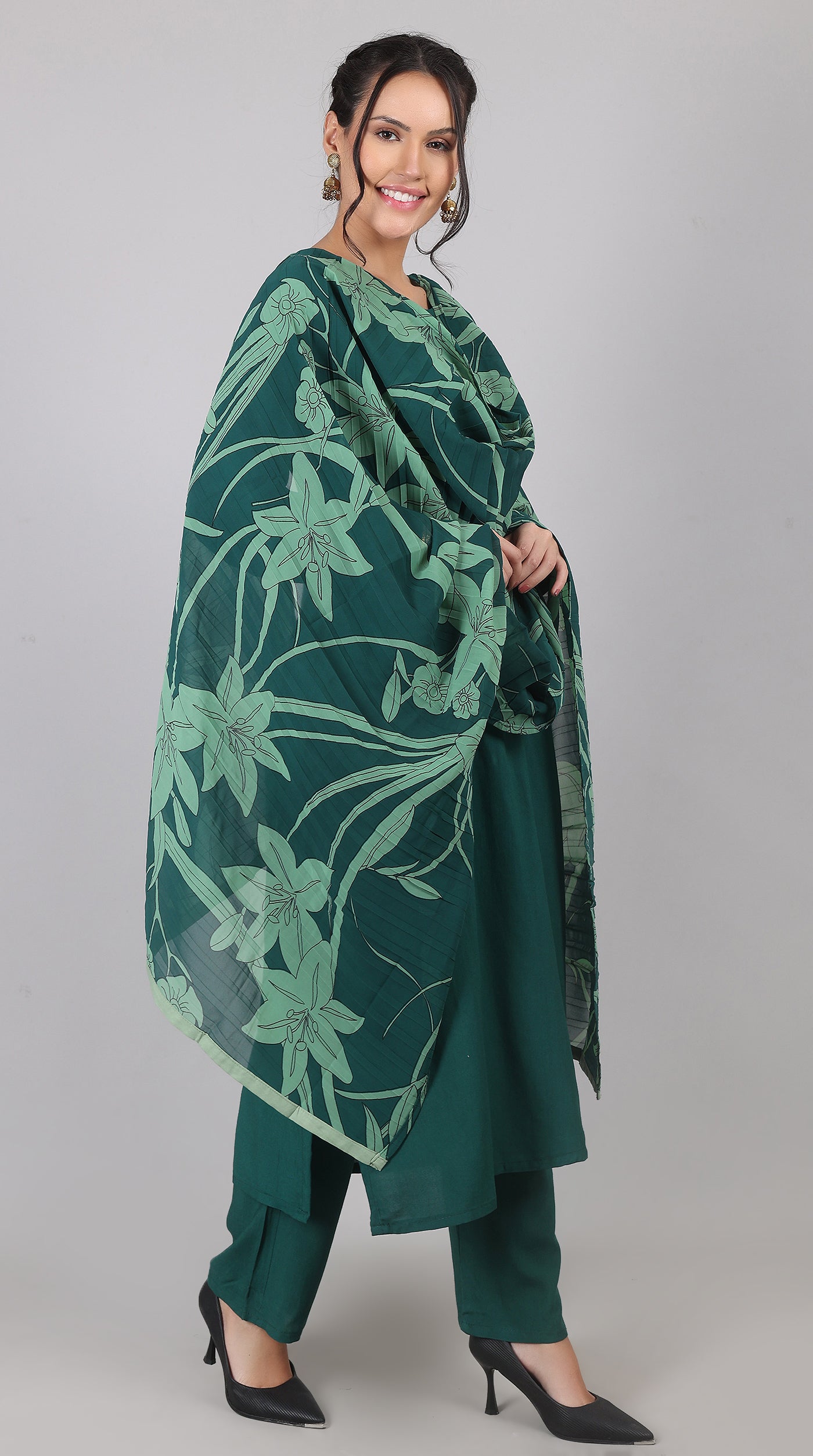 Green Rayon Straight-Cut Kurta Set with Georgette Dupatta
