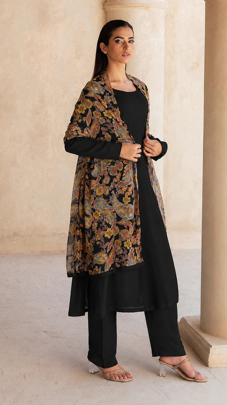 Black salwar kameez suit with matching trousers and multicolour paisley print dupatta