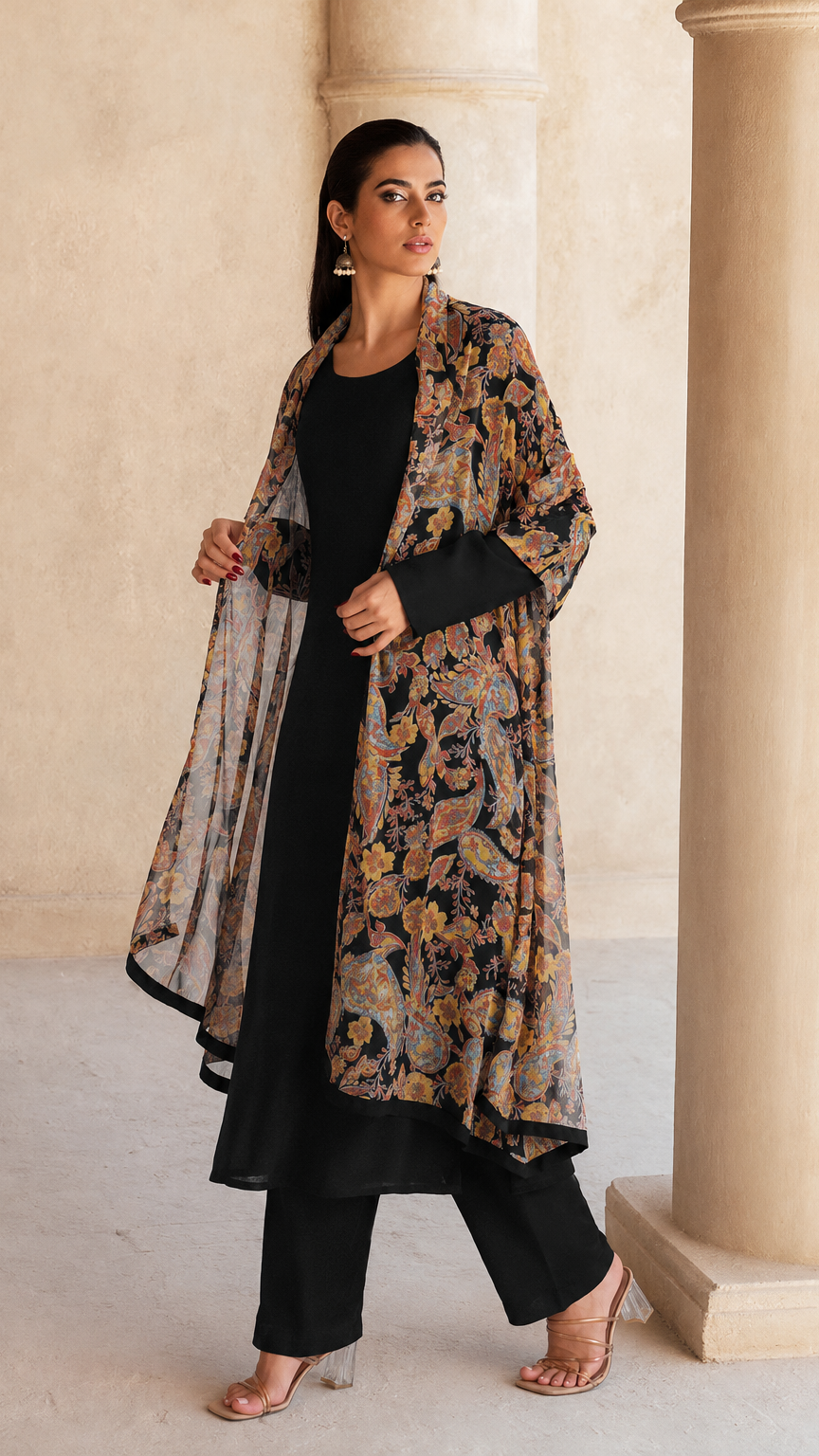 Black salwar kameez suit with matching trousers and multicolour paisley print dupatta