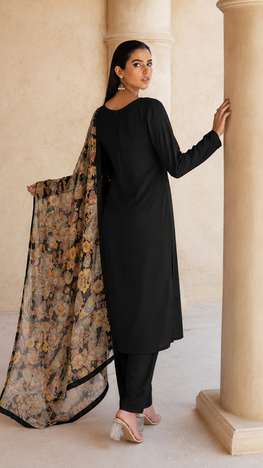 Black salwar kameez suit with matching trousers and multicolour paisley print dupatta