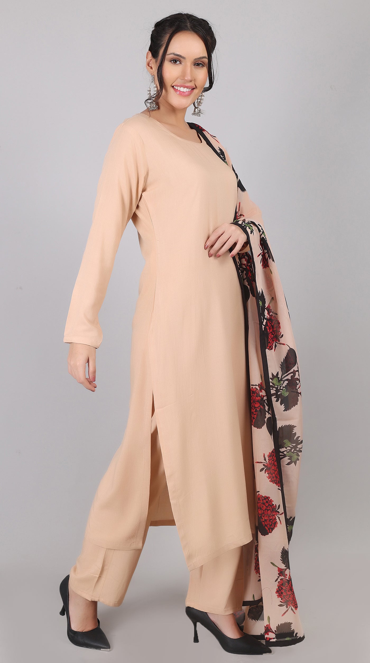 Pink Rayon Straight-Cut Kurta Set with Contrast Dupatta