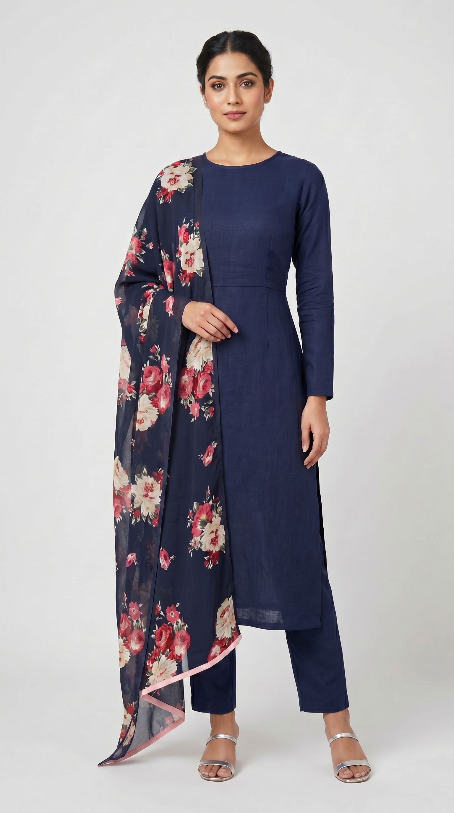 Navy Blue Rayon Straight Cut Kurta Set with Georgette Dupatta