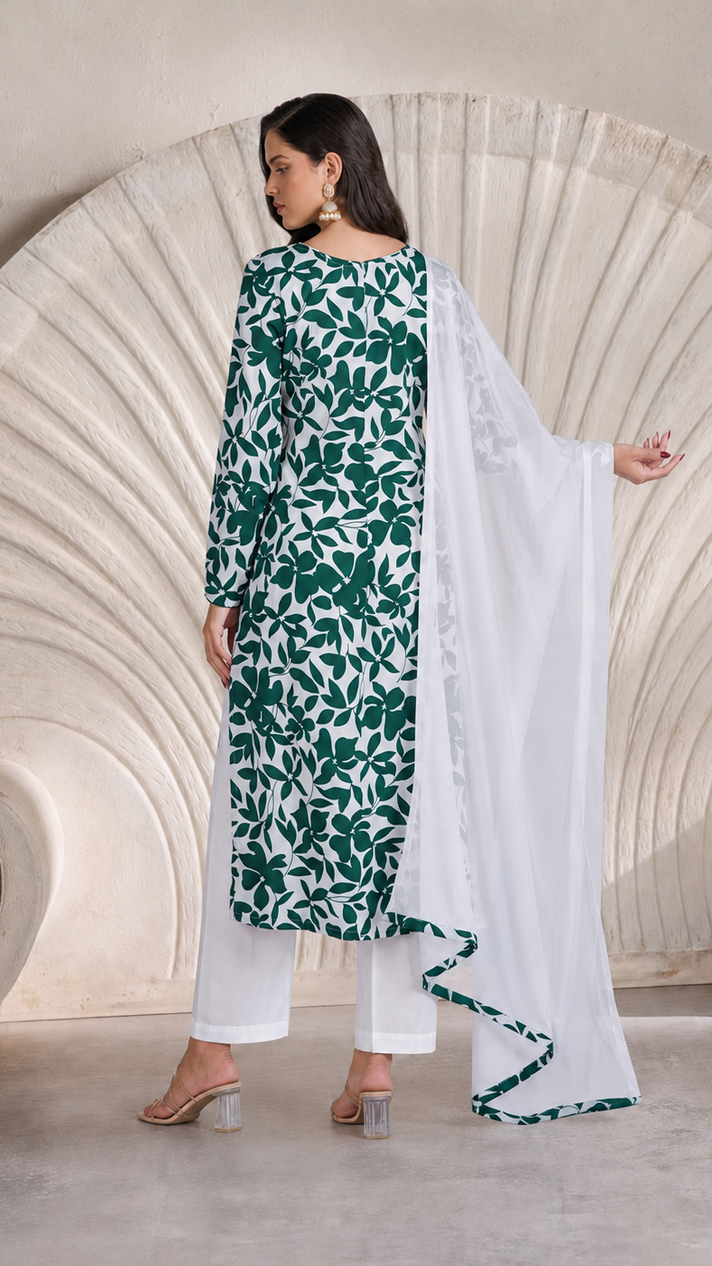 Bottle green and white floral printed salwar kameez suit with white trousers and matching white dupatta