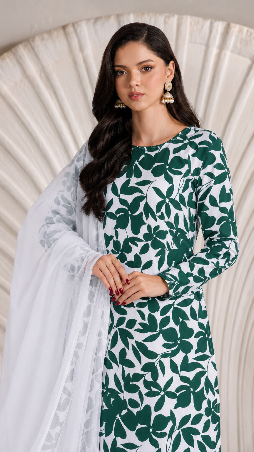 Bottle green and white floral printed salwar kameez suit with white trousers and matching white dupatta