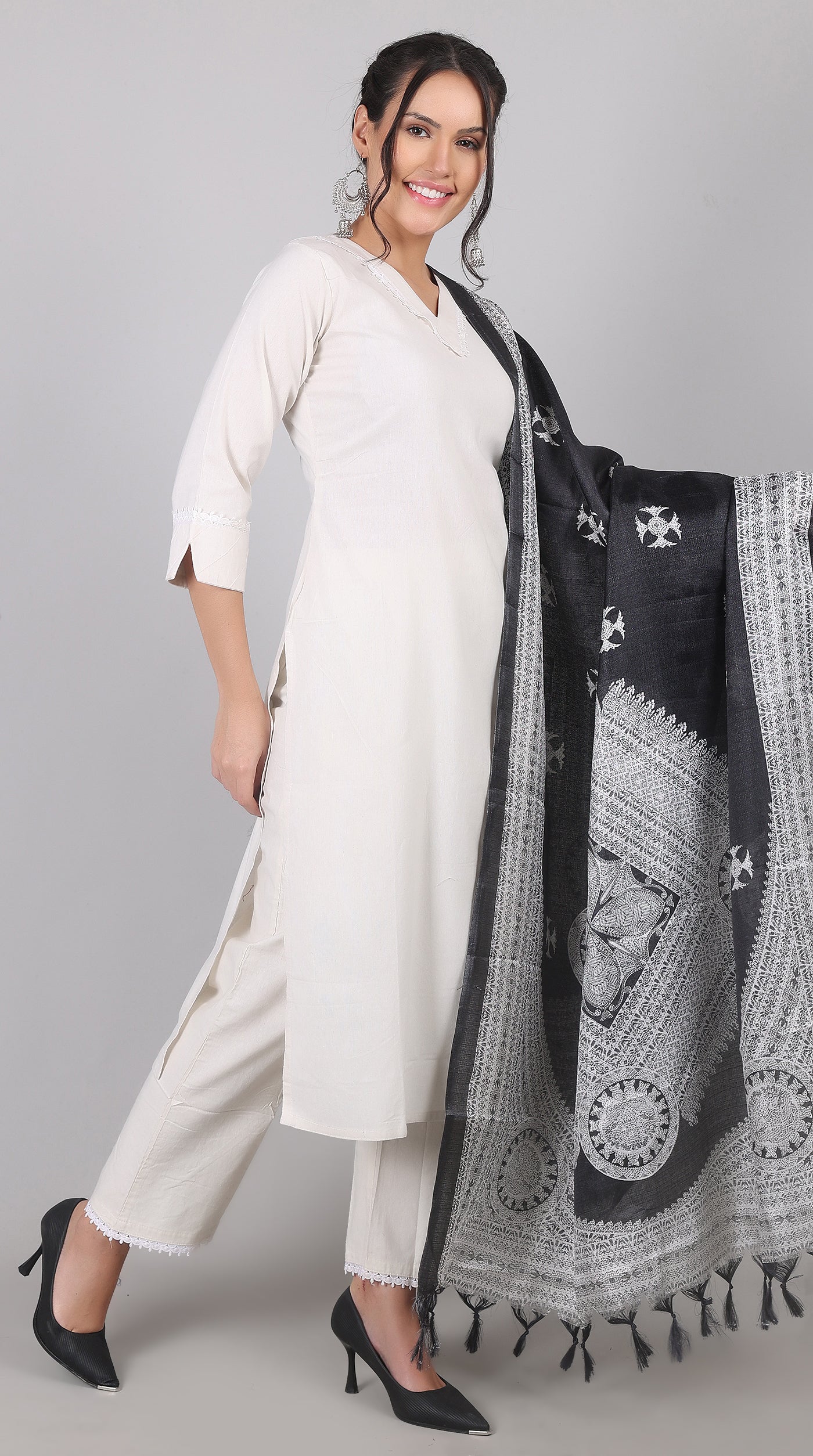 White Cotton Kurta Palazzo Set with Black Chanderi Dupatta