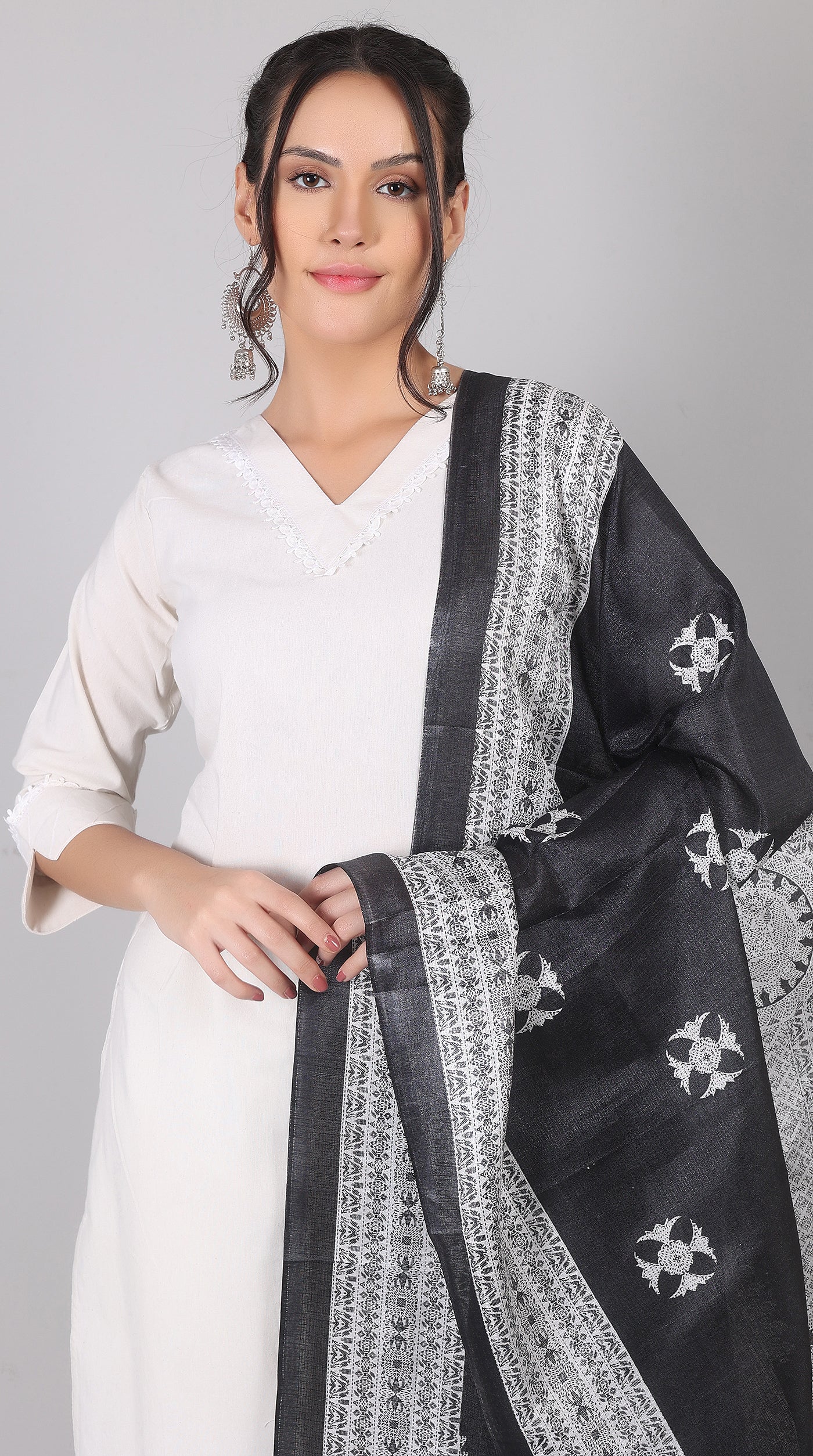 White Cotton Kurta Palazzo Set with Black Chanderi Dupatta