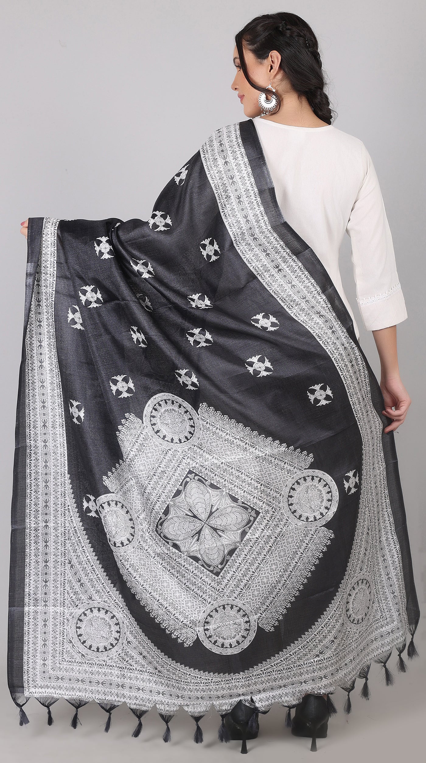 White Cotton Kurta Palazzo Set with Black Chanderi Dupatta