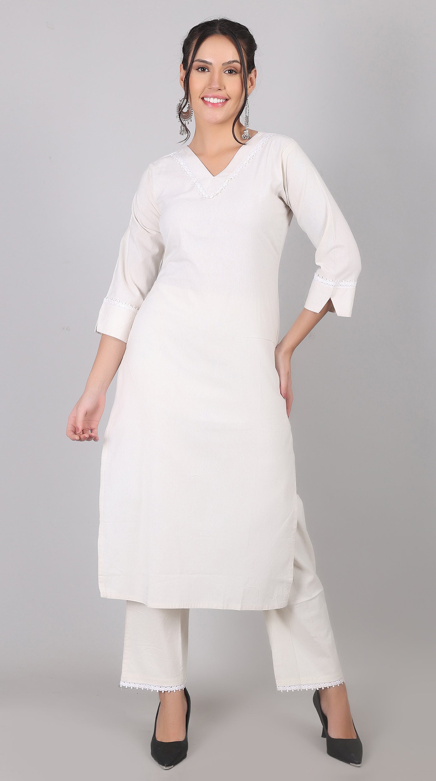 White Cotton Kurta Palazzo Set with Black Chanderi Dupatta