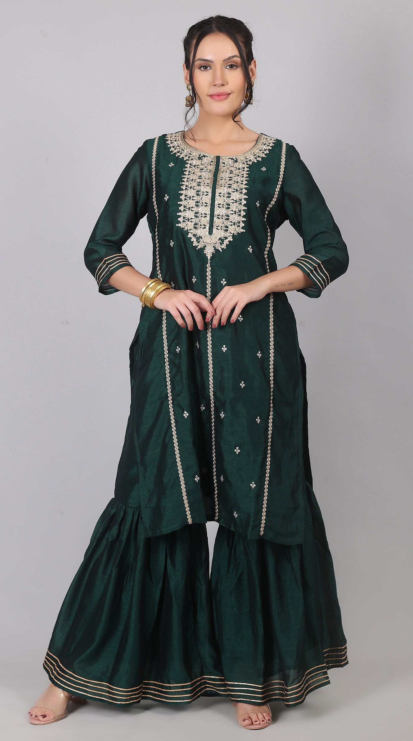 Green Georgette Vichitra Zari Embroidered Gharara Set with Dupatta