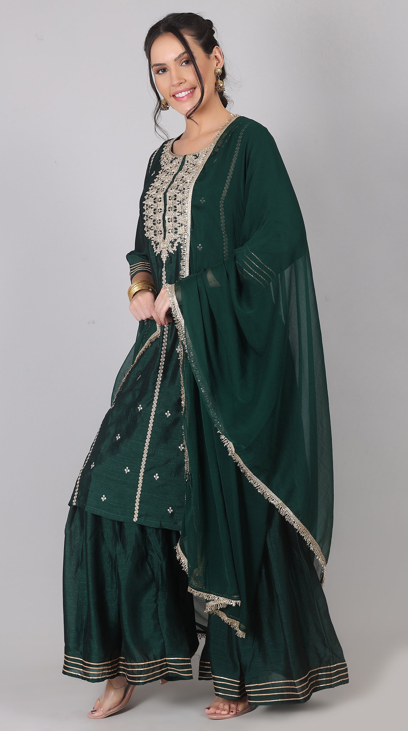 Green Georgette Vichitra Zari Embroidered Gharara Set with Dupatta