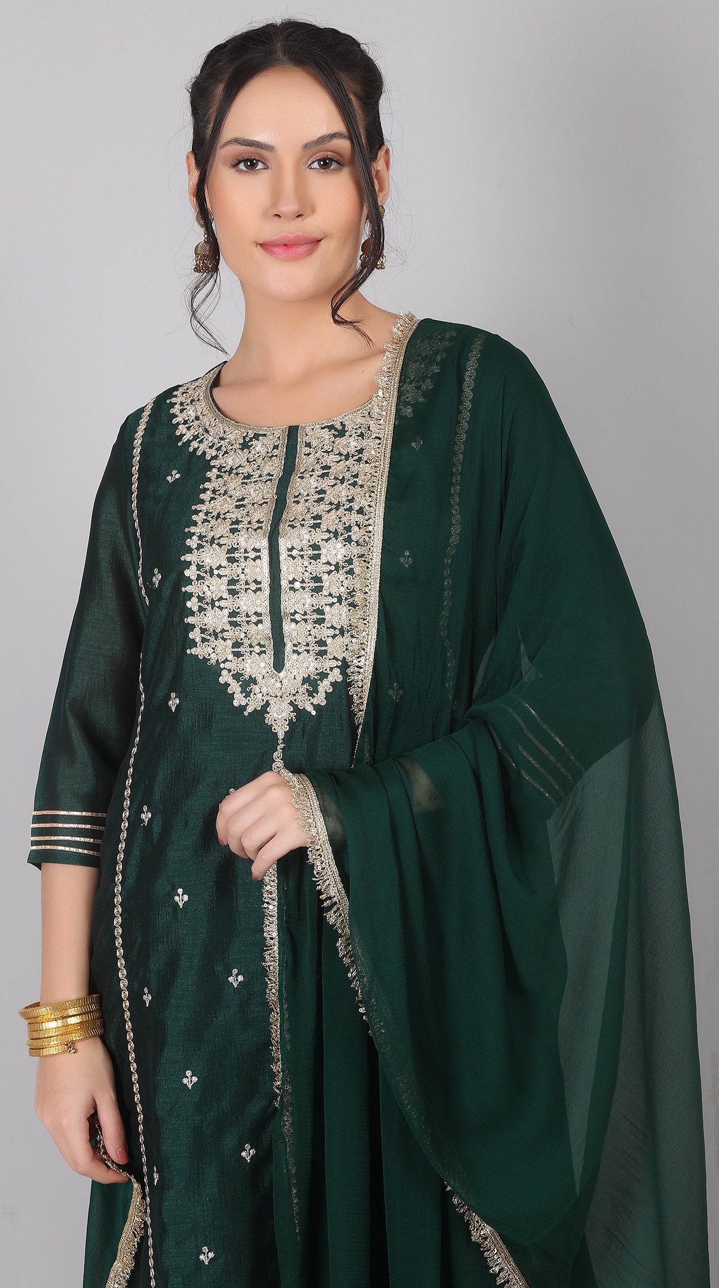 Green Georgette Vichitra Zari Embroidered Gharara Set with Dupatta