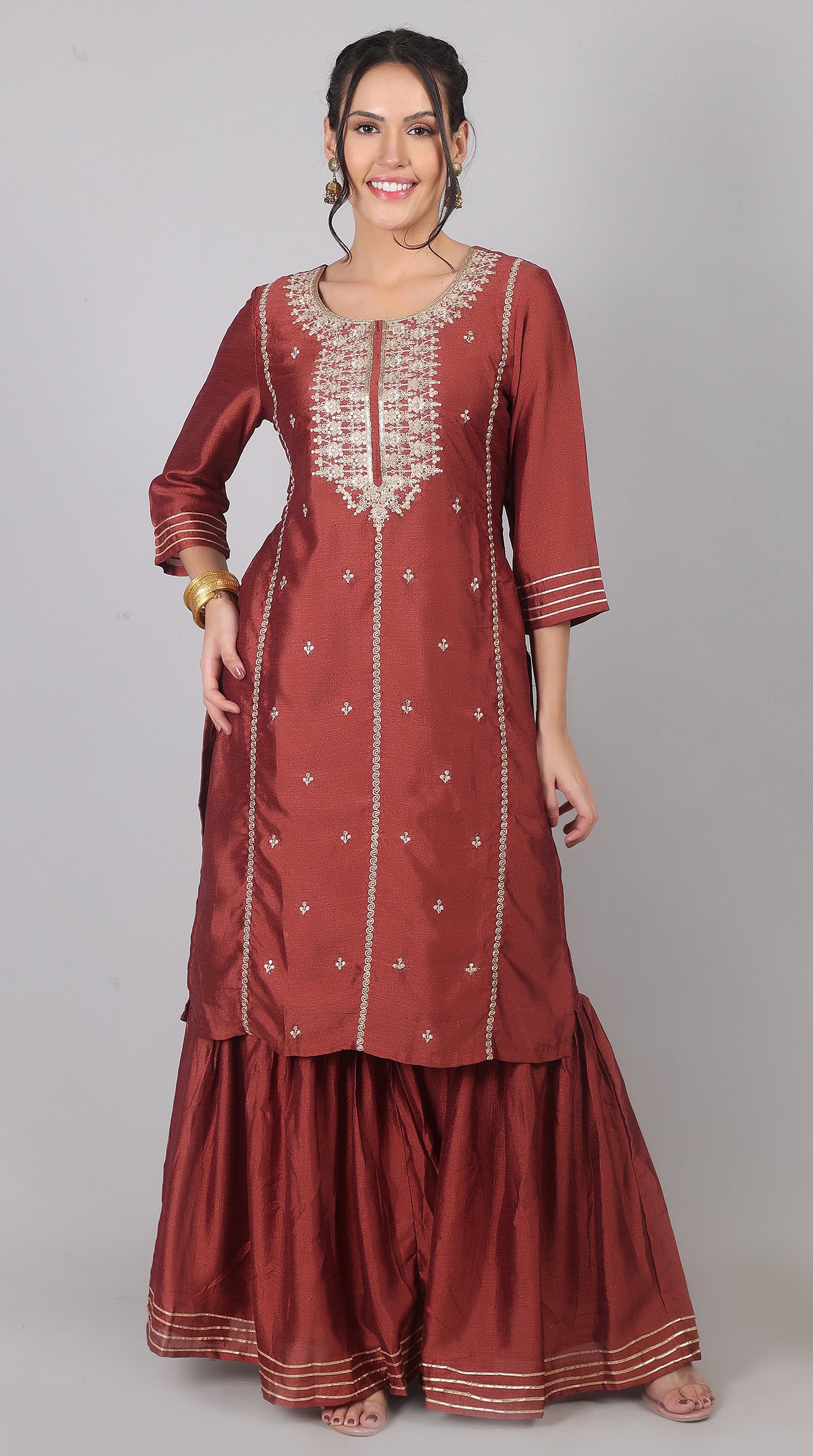Maroon Georgette Vichitra Zari Embroidered Gharara Set with Dupatta