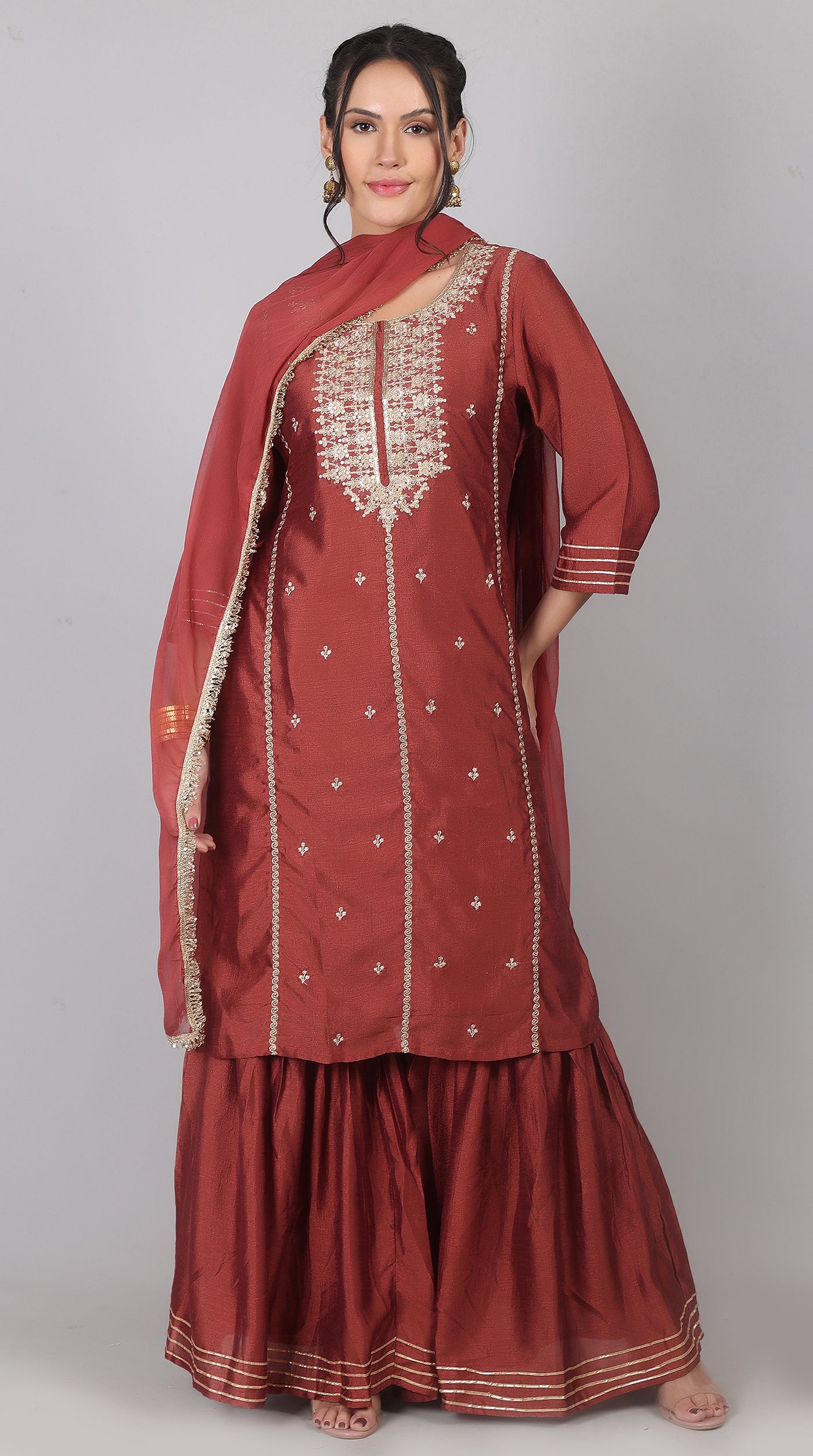 Maroon Georgette Vichitra Zari Embroidered Gharara Set with Dupatta