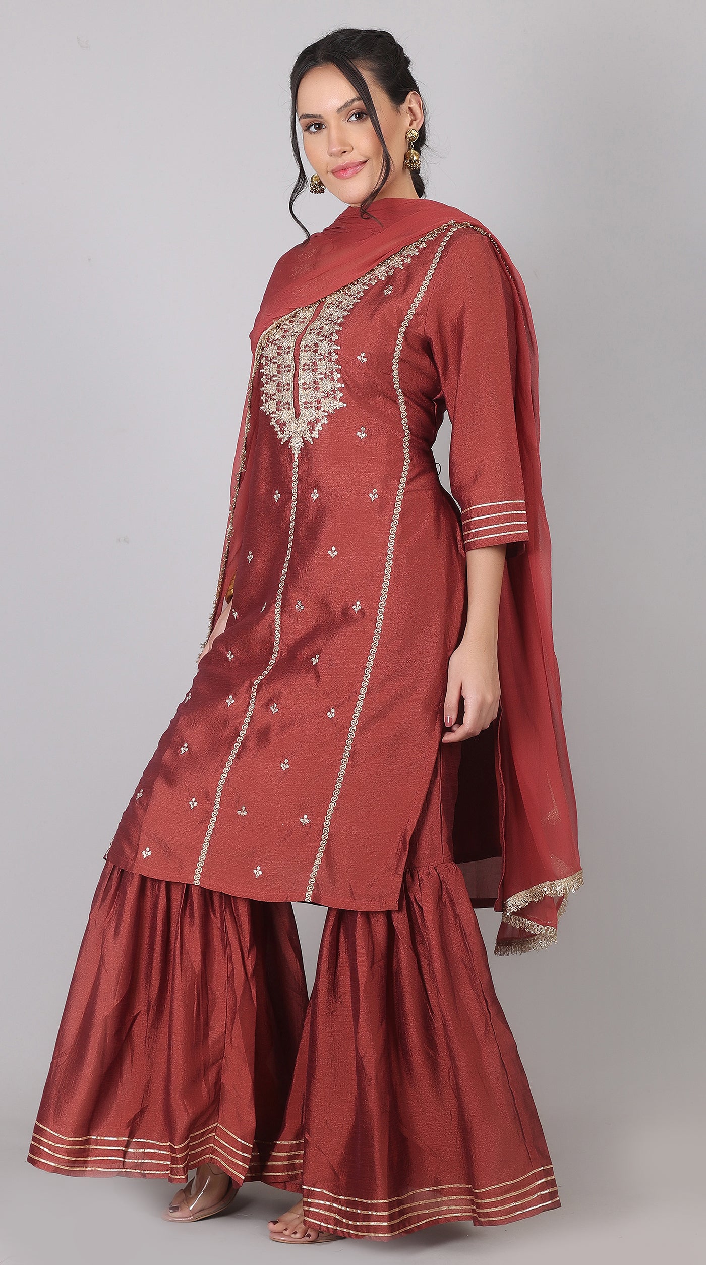 Maroon Georgette Vichitra Zari Embroidered Gharara Set with Dupatta