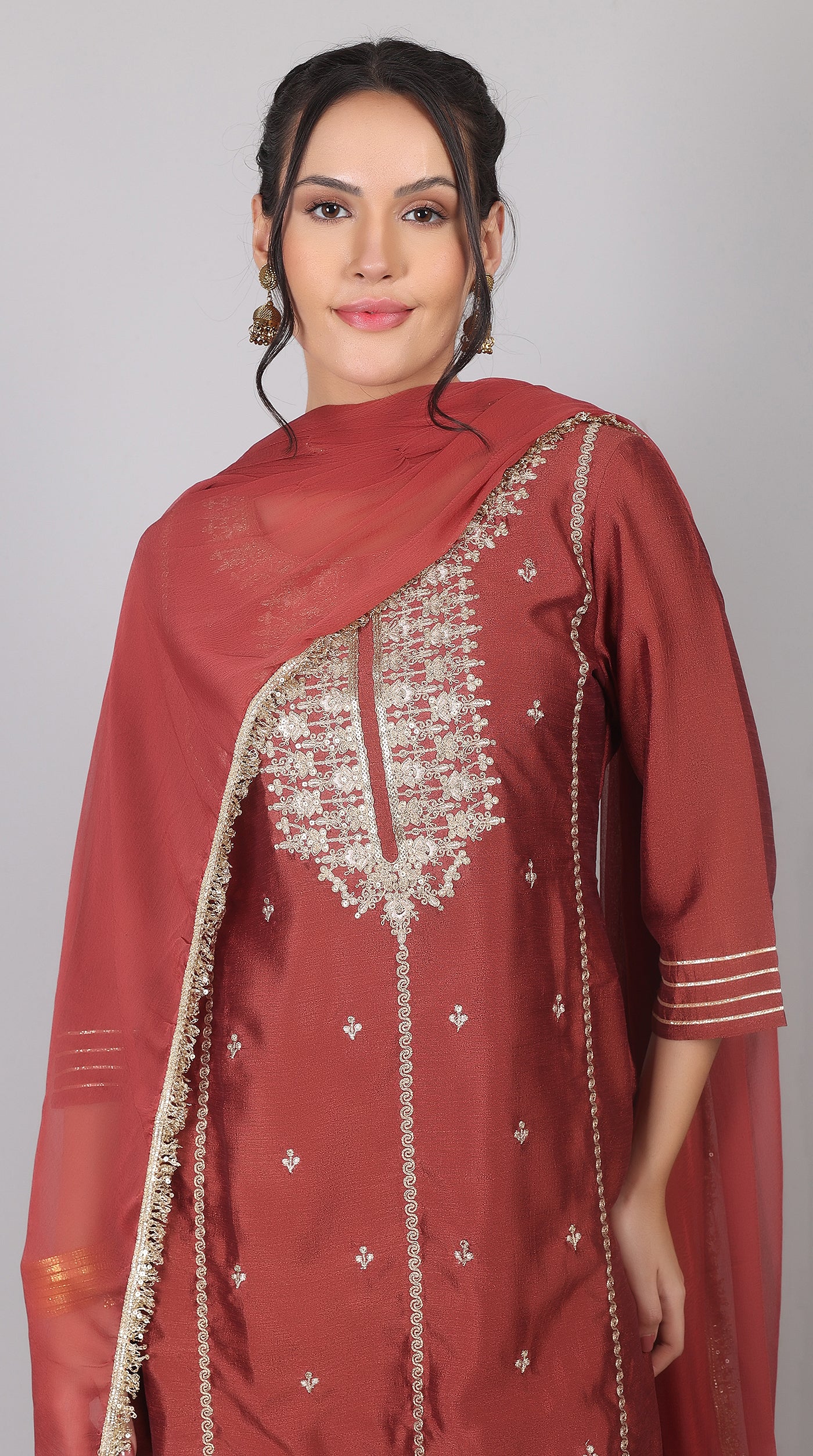 Maroon Georgette Vichitra Zari Embroidered Gharara Set with Dupatta