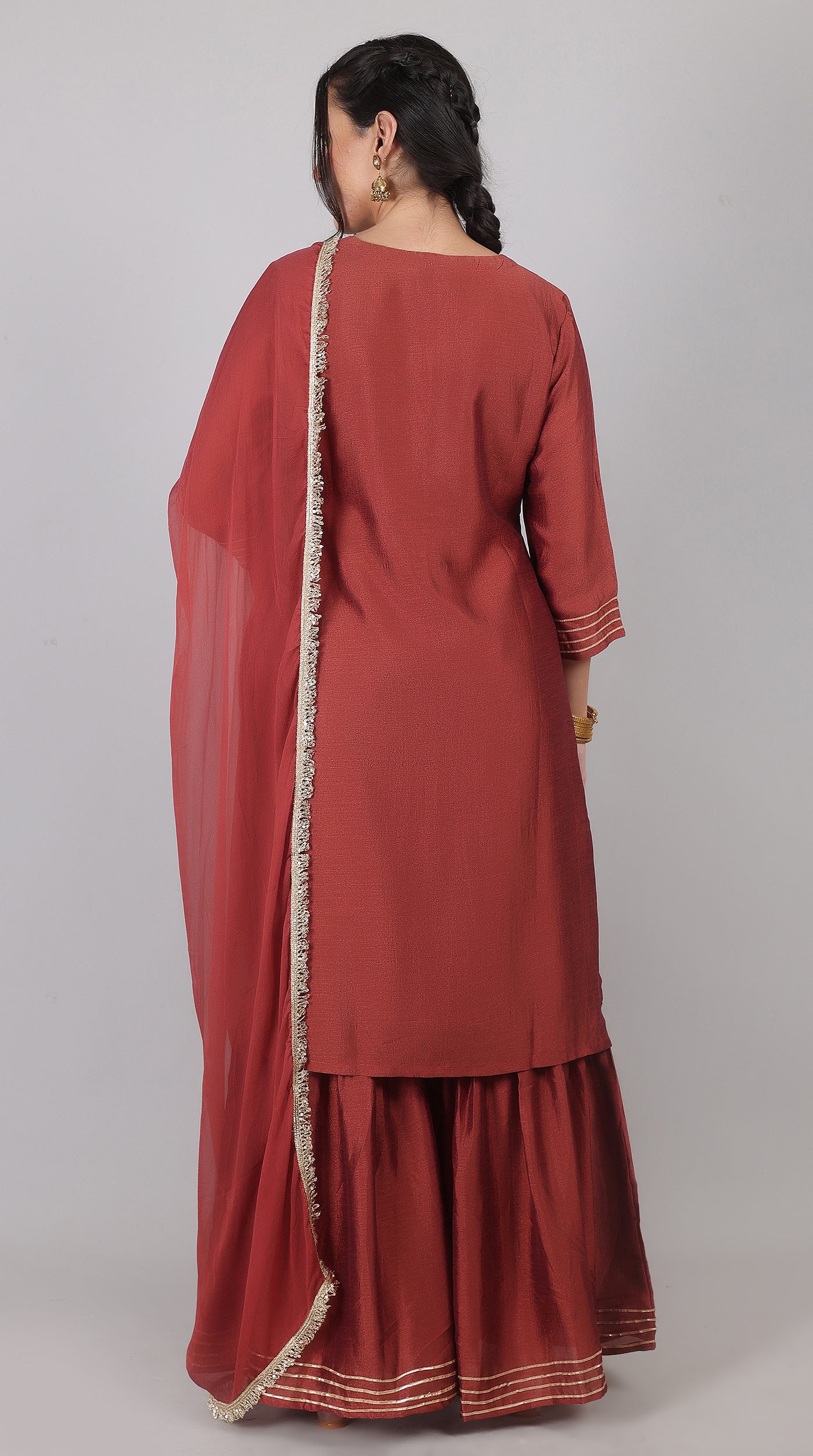 Maroon Georgette Vichitra Zari Embroidered Gharara Set with Dupatta