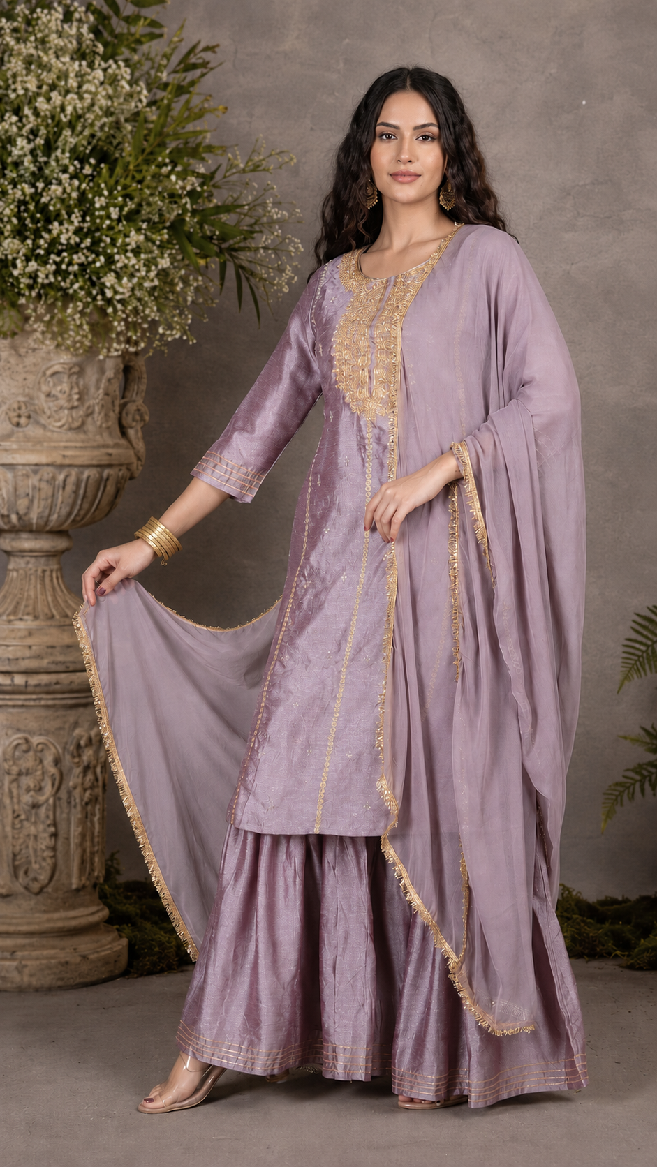 Mauve lavender women’s embroidered salwar kameez suit with matching sharara trousers and dupatta, elegant Asian occasion wear by Diya Online