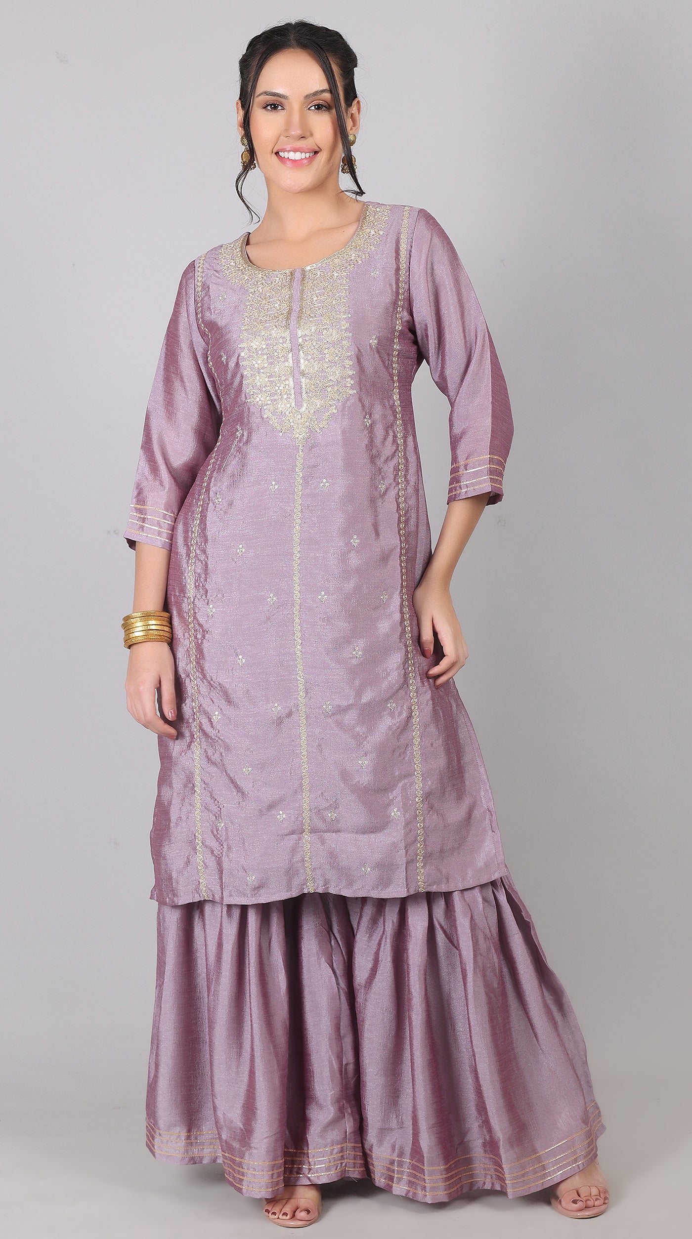 Lilac Georgette Vichitra Zari Embroidered Gharara Set with Dupatta