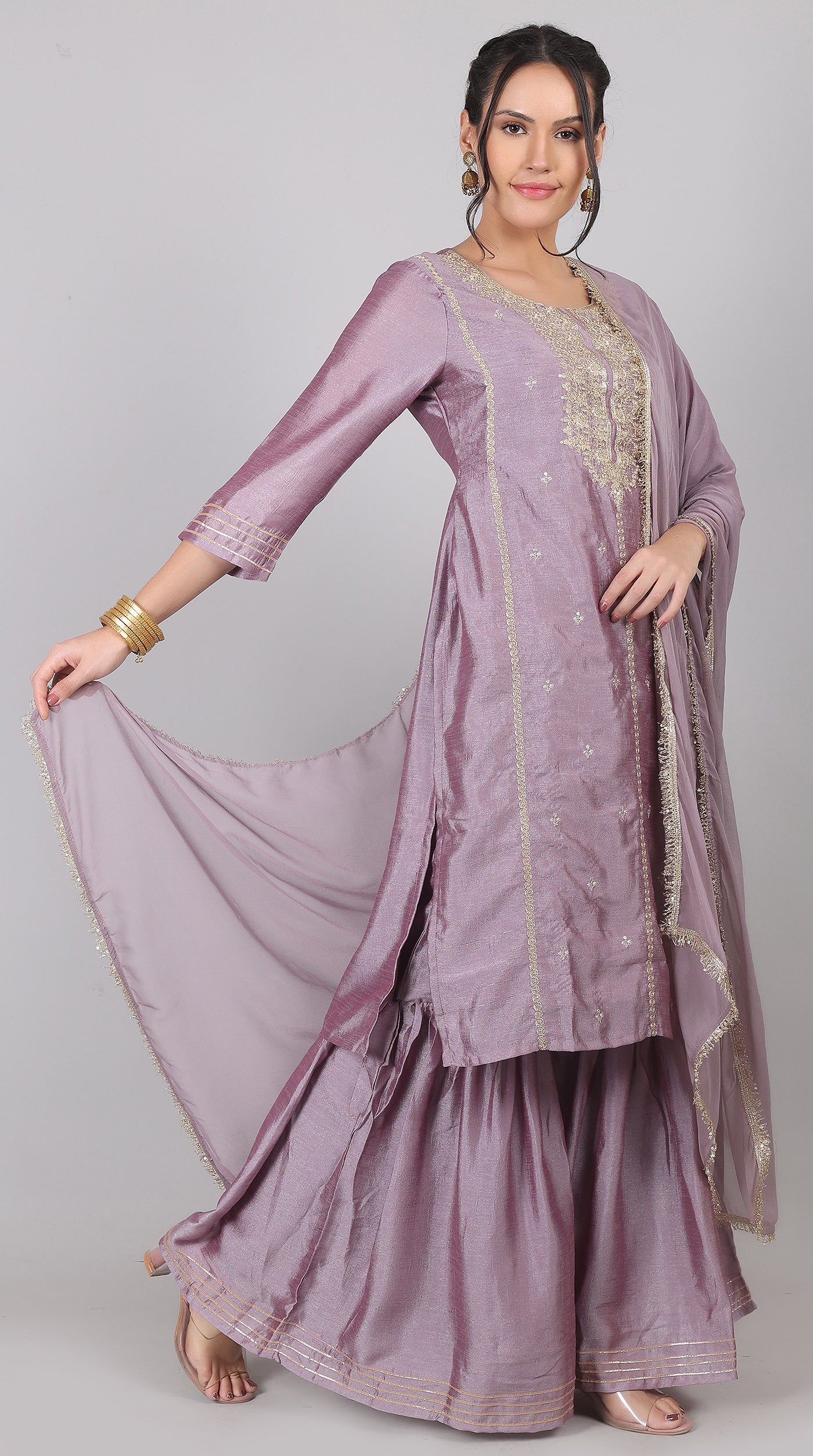 Lilac Georgette Vichitra Zari Embroidered Gharara Set with Dupatta